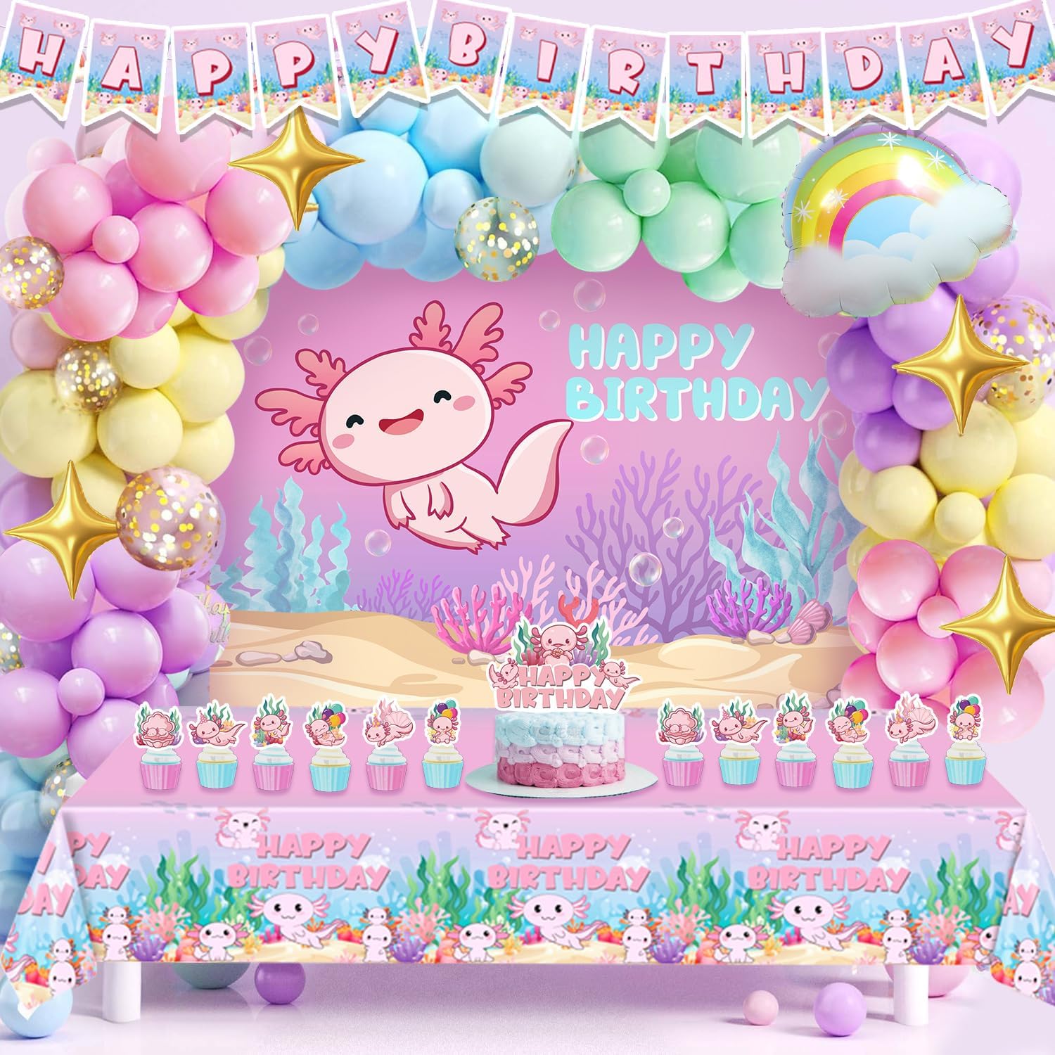 Axolotl Birthday Party Decorations for Girls - 100pcs Balloons Garland Kit, A...
