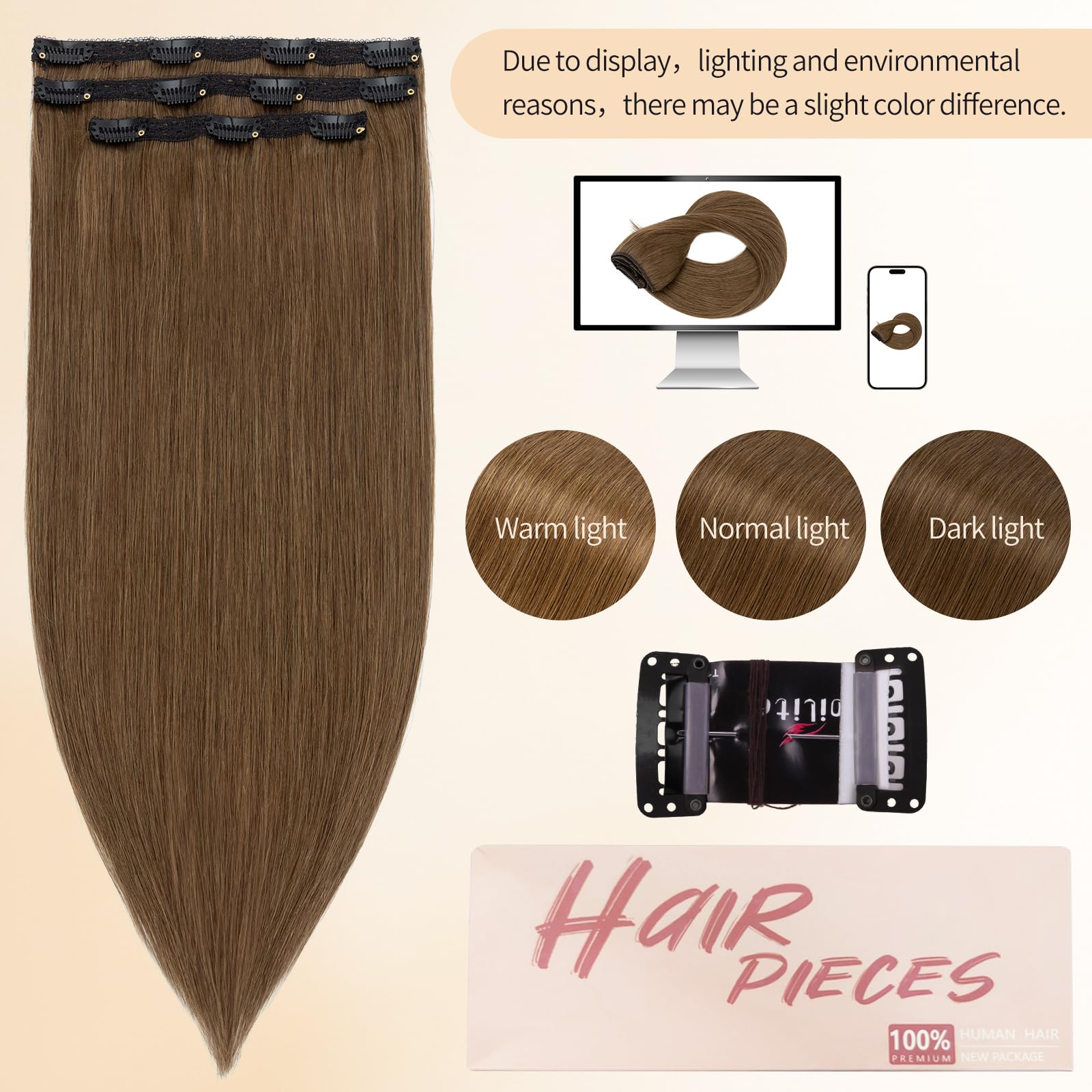 S-noilite Extension Capelli Veri Clip, 3 Pezzi 11 Clips Extensions Capello Veri, Vergine Extension di Capelli Umani, 73g Un Pezzo Naturali Extensions Capello Umani, 40CM Marrone Freddo #4