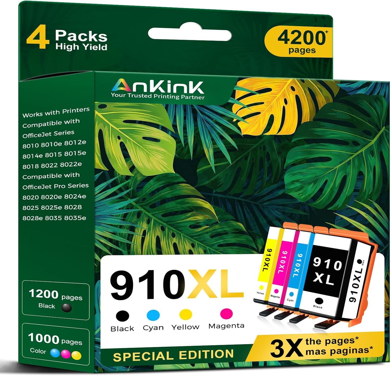 Ankink Remanufactured 910XL Ink Cartridges Combo Pack Replacement for HP 910 XL HP910XL Work for HP OfficeJet Pro 8025e 8025 8015e 8020 8020e 8028e 8035e Printers Black and Color, 4-Pack