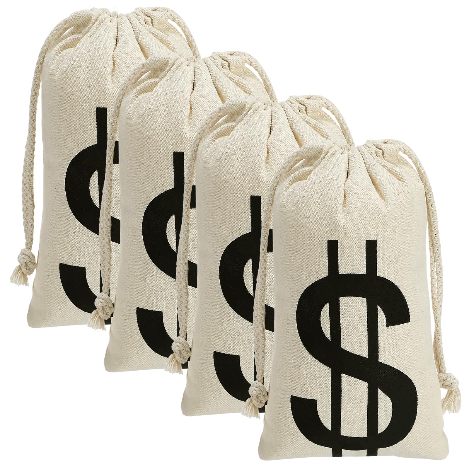4pcs 7x13.8 Inches Canvas Money Bags - Costume Money Bag Prop with Dollar Sign, Money Sacks for Halloween Bank Robber Pirate Cowboy Cosplay Theme