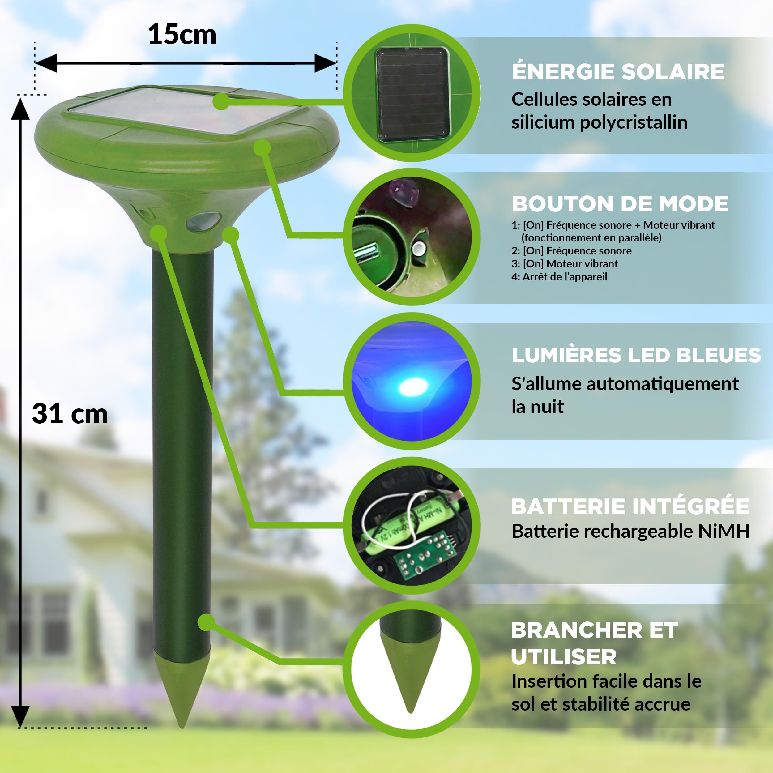 ISOTRONIC Répulsif Solaire Taupes, campagnols et Serpents – avec Piquet de Sol pour Le Jardin – Protection Efficace sans Poison – Portée 1 250 m² – Lot de 2 unités pour Grands terrains et Jardins