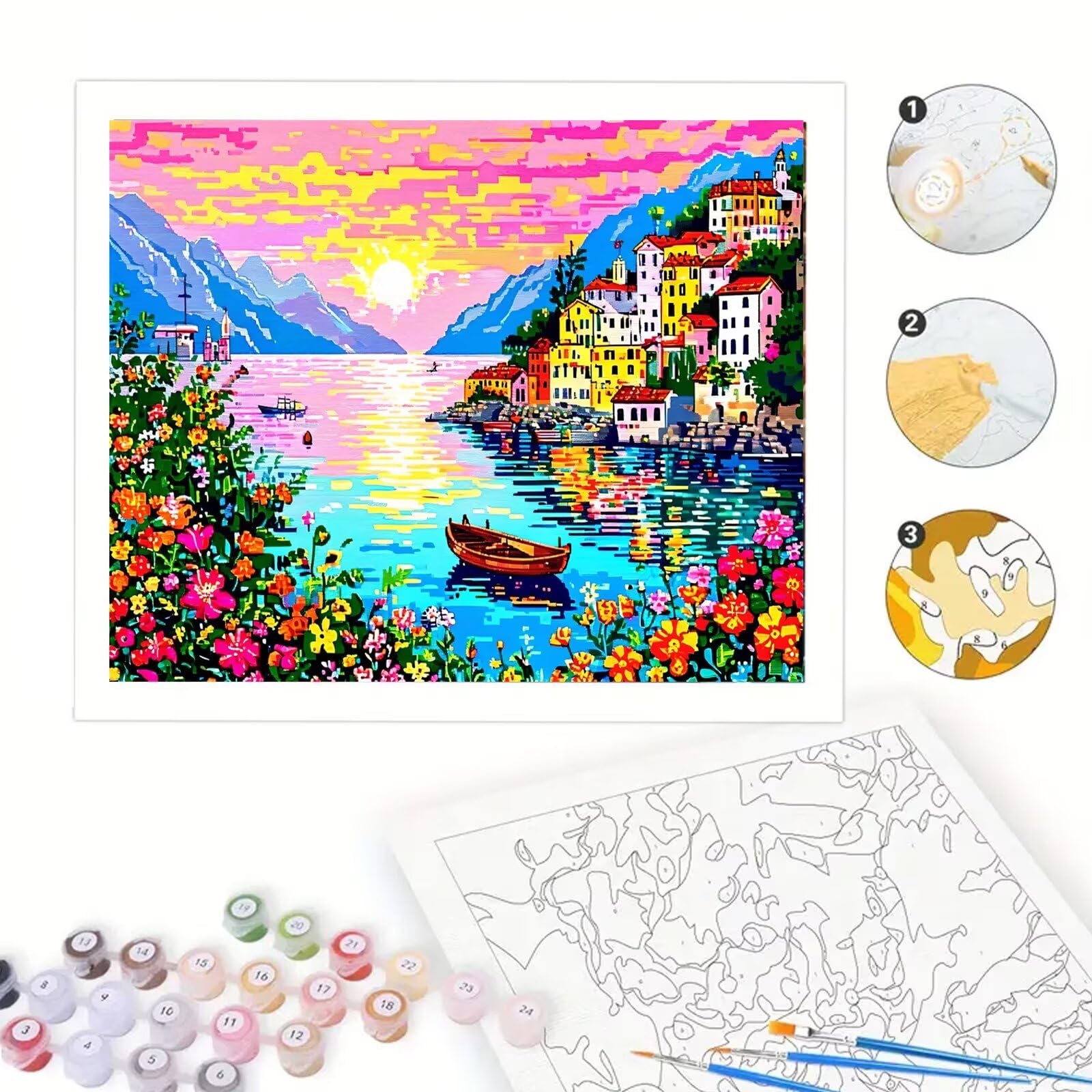 Dipingere Con i Numeri Adulti Mare Dipingere con i Numeri con Telaio 50x60 cm,Piccola città Paint by Numbers con Vernici e Pennelli,Kit di Pittura a Olio Fai-da-Te per Decorazioni Casa Regalo,kk-901