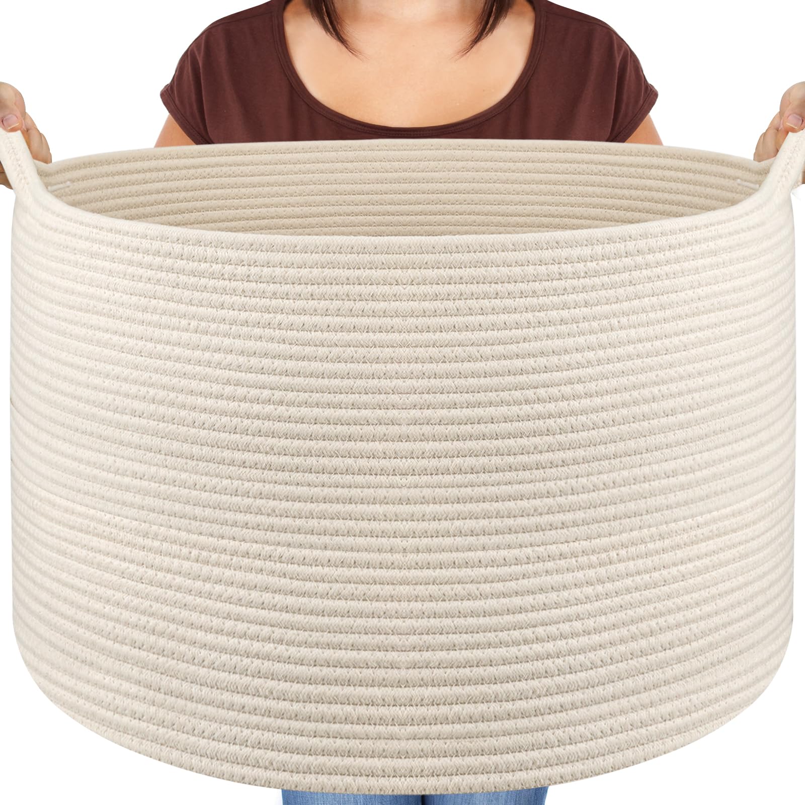Maliton Extra Large Blanket Basket, Big Woven Cotton Rope Bin for Toys Towels, Pillow Basket with Handles, 22" x 22" x 14" Nursery Laundry Hamper, White Large Storage