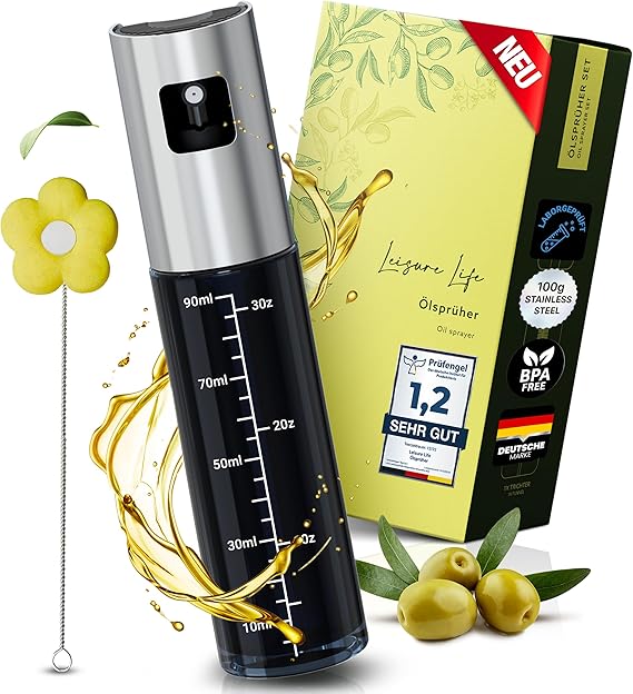 Leisure Life® | NUOVA INTRODUZIONE | Spruzzatore per olio di alta qualità | vetro verde con protezione UV e rivestimento completo in acciaio inossidabile | 100% senza BPA