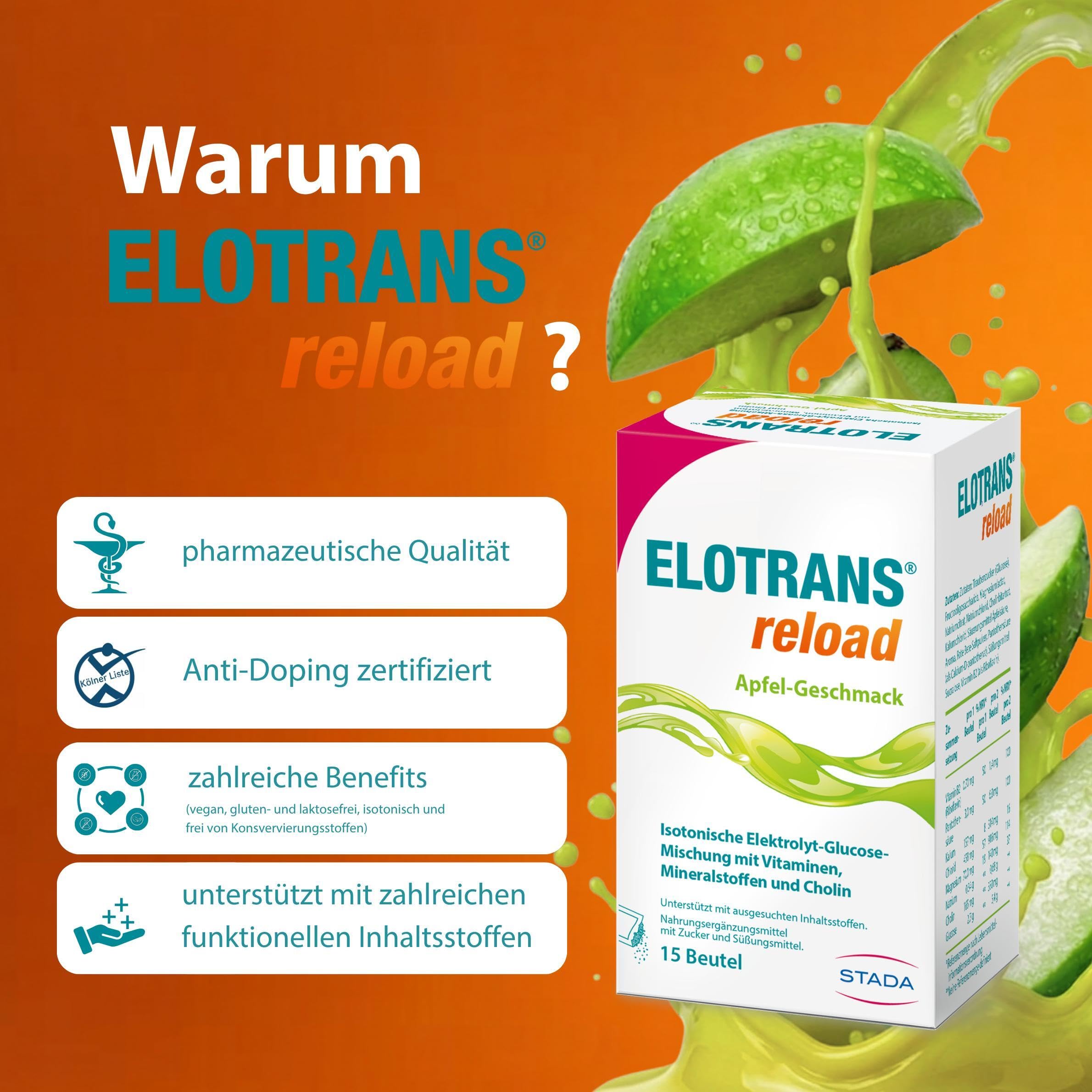 ELOTRANS reload - isotonische Elektrolyt-Glucose-Mischung - Nahrungsergänzungsmittel mit Magnesium, Kaliumchlorid, Cholin und B-Vitaminen - 1 x 15 Beutel - Apfel-Geschmack