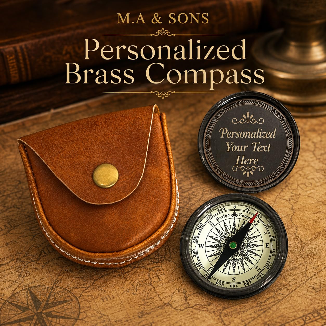 M.A & SONS Personalized Brass Compass with Leather Case, 2 Inch Black Antique Pocket Compass, Custom Engraving Inside Lid, Mirror Gloss Top Dial, Vintage Nautical Gift for Men 2