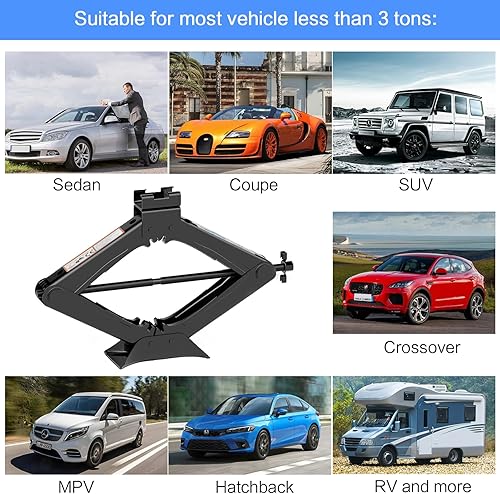 Miniatura 5 de Kit de gato de coche de 3 toneladas (6614 libras), elevador de tijera resistente con llave de trinquete de ahorro, kit de cambio de neumáticos para