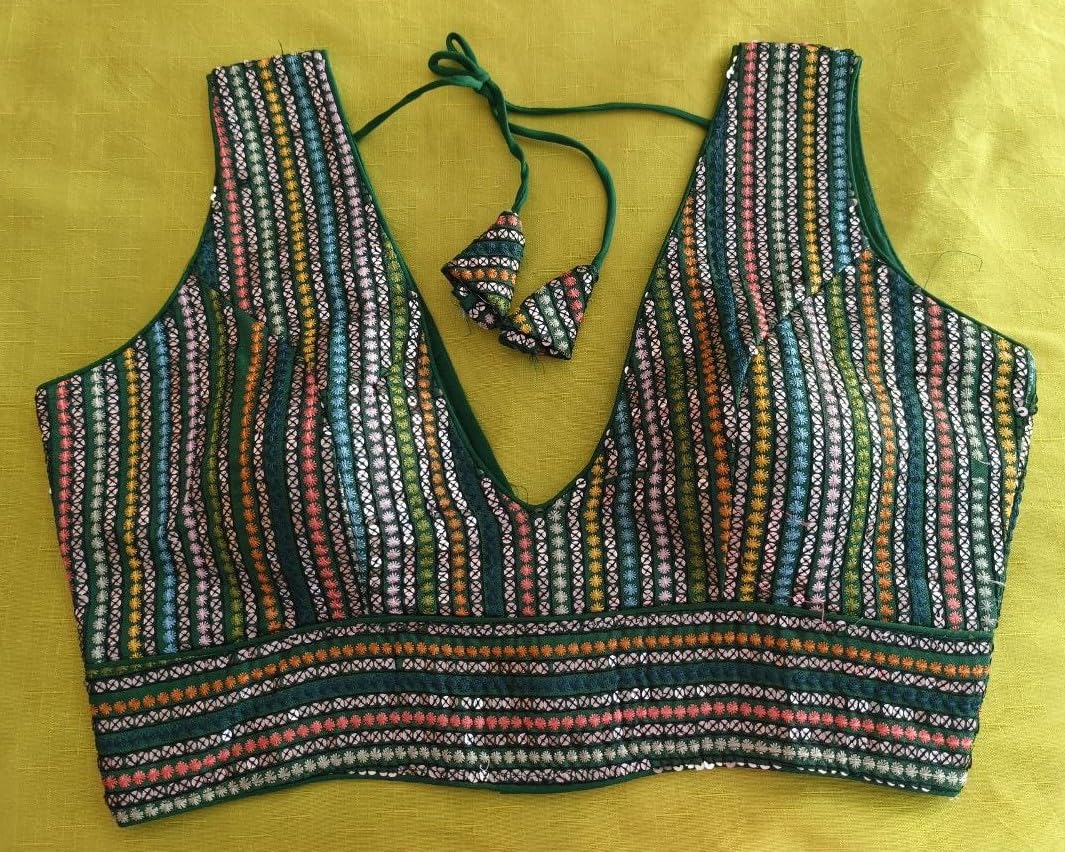 Pujia Mills Women's Sleeveless Sabyasachi Pattern V Neck Embroidery Work With Sequence Indian Ethnic Wear Readymade Saree Blouse For Lehenga Choli (Green, 40)