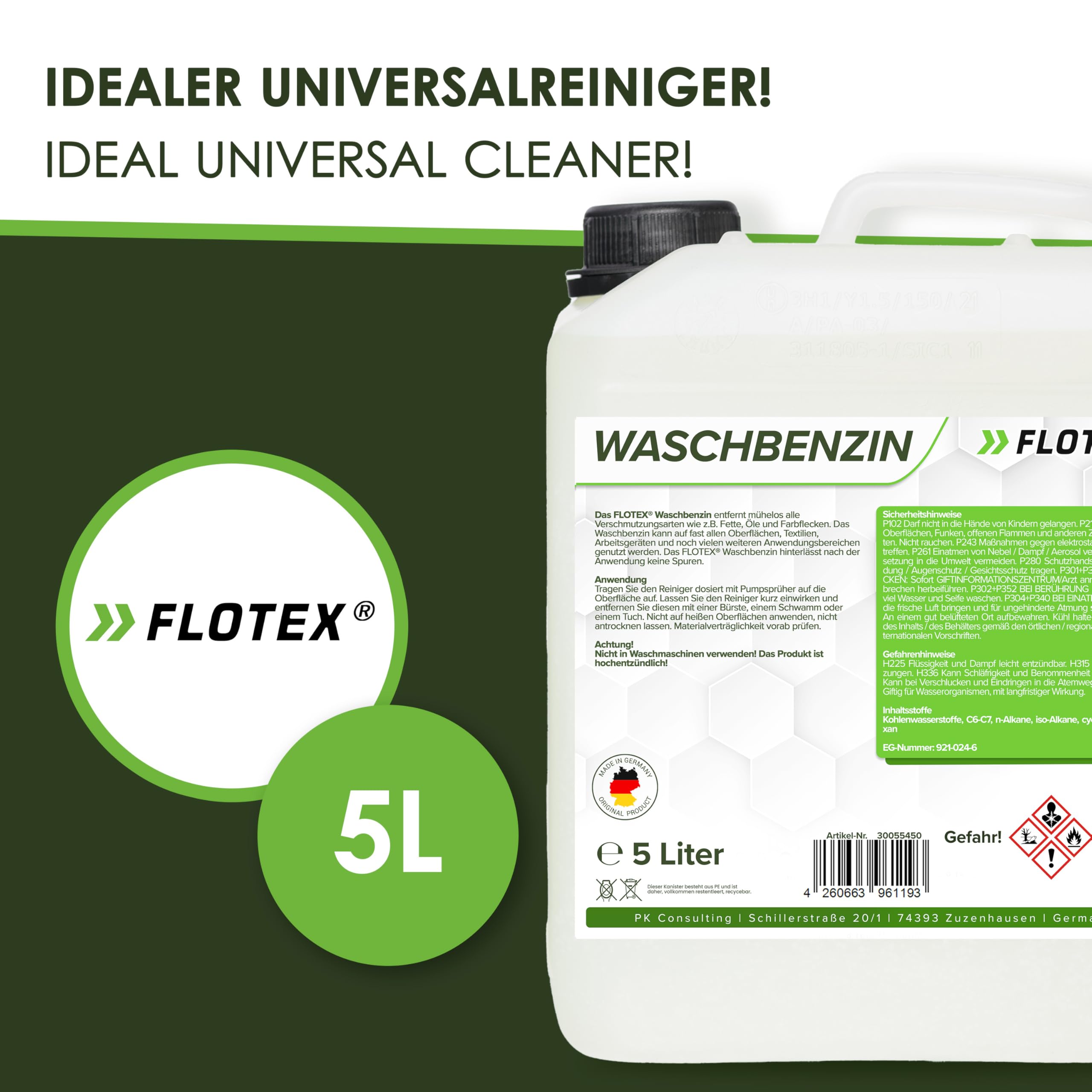 Waschbenzin 5L - Lösungsmittel für Fleckentfernung auf Textil, Kunststoff, Oberflächen & Arbeitsgeräten - Waschbenzin Reinigungsbenzin - Benzin Reiniger