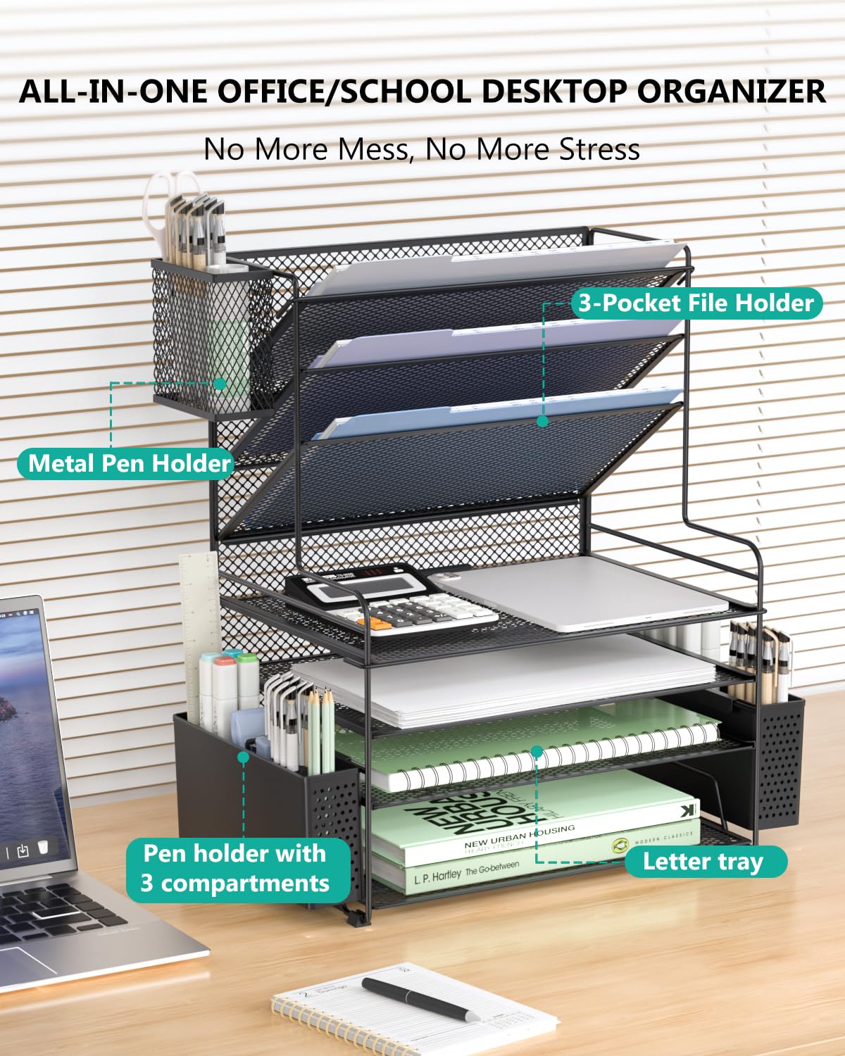WALI Desk File Organizer, 7 Tier Desktop Paper Letter Tray Organizer with Drawer and 3 Pen Holders, Office Desk Accessories & Workspace Organizers for Office, Home, School Supplies, 1 Pack, Black view 3