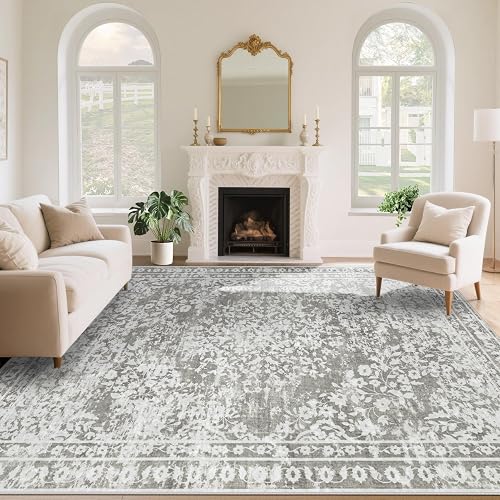 Aoyaomi 9x12 Machine Washable Boho Floral Rug (Grey)