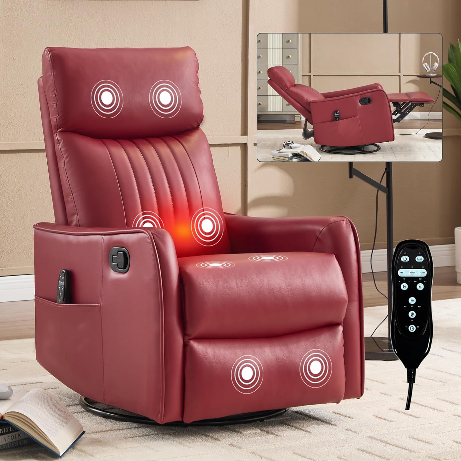360°Rotating Heated Massage Chair with 8 Vibrating nodes,Comfortable Rocking Chaise Lounge with Black Metal Base, Single Sofa for Living Room,Bedroom,Office,Red Faux Leather