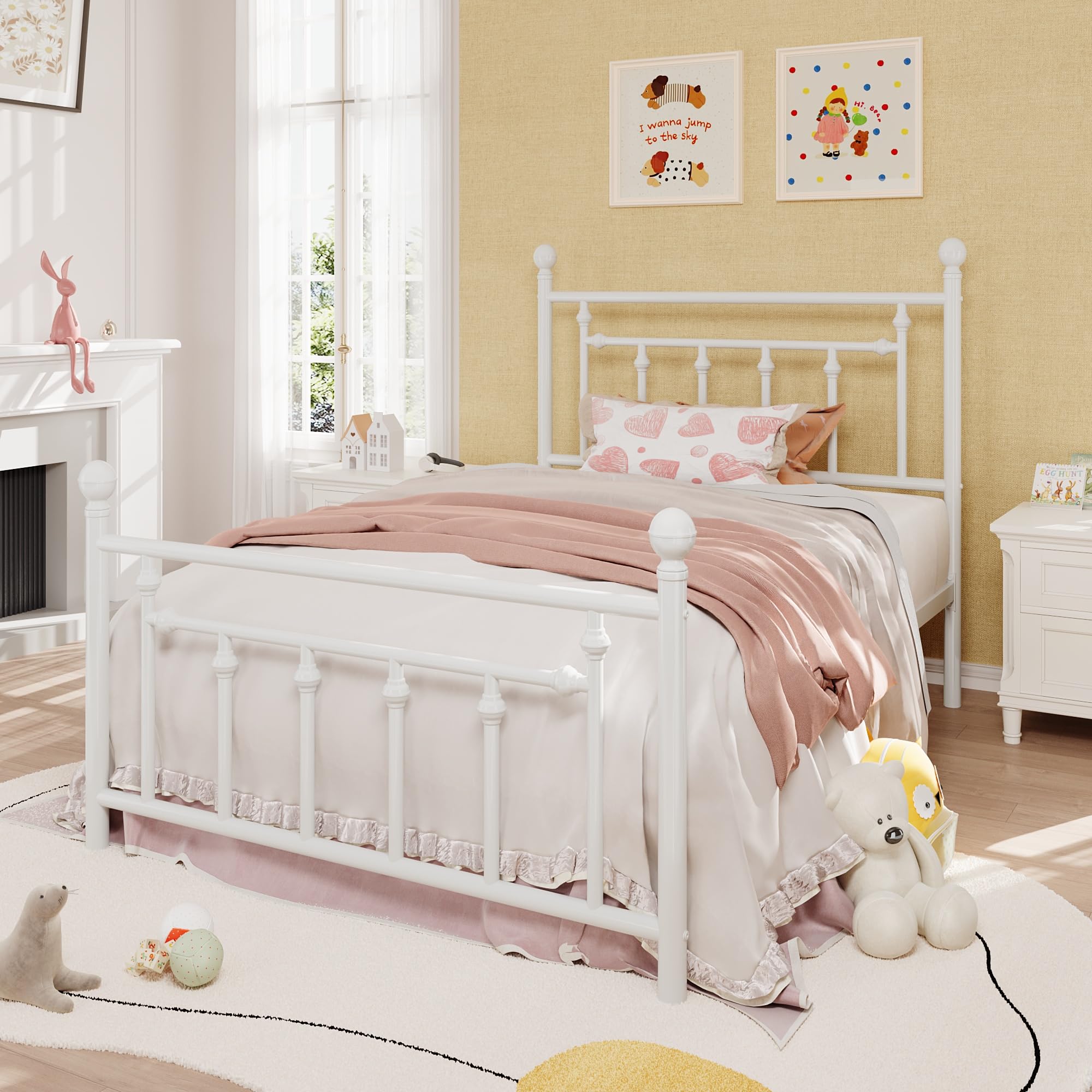 SHA CERLIN 14" Queen Size Metal Platform Bed Frame/Victorian Headboard and Footboard/Steel Slats Mattress Foundation for Storage/No Box Spring Needed/Noise Free/Black: White Twin