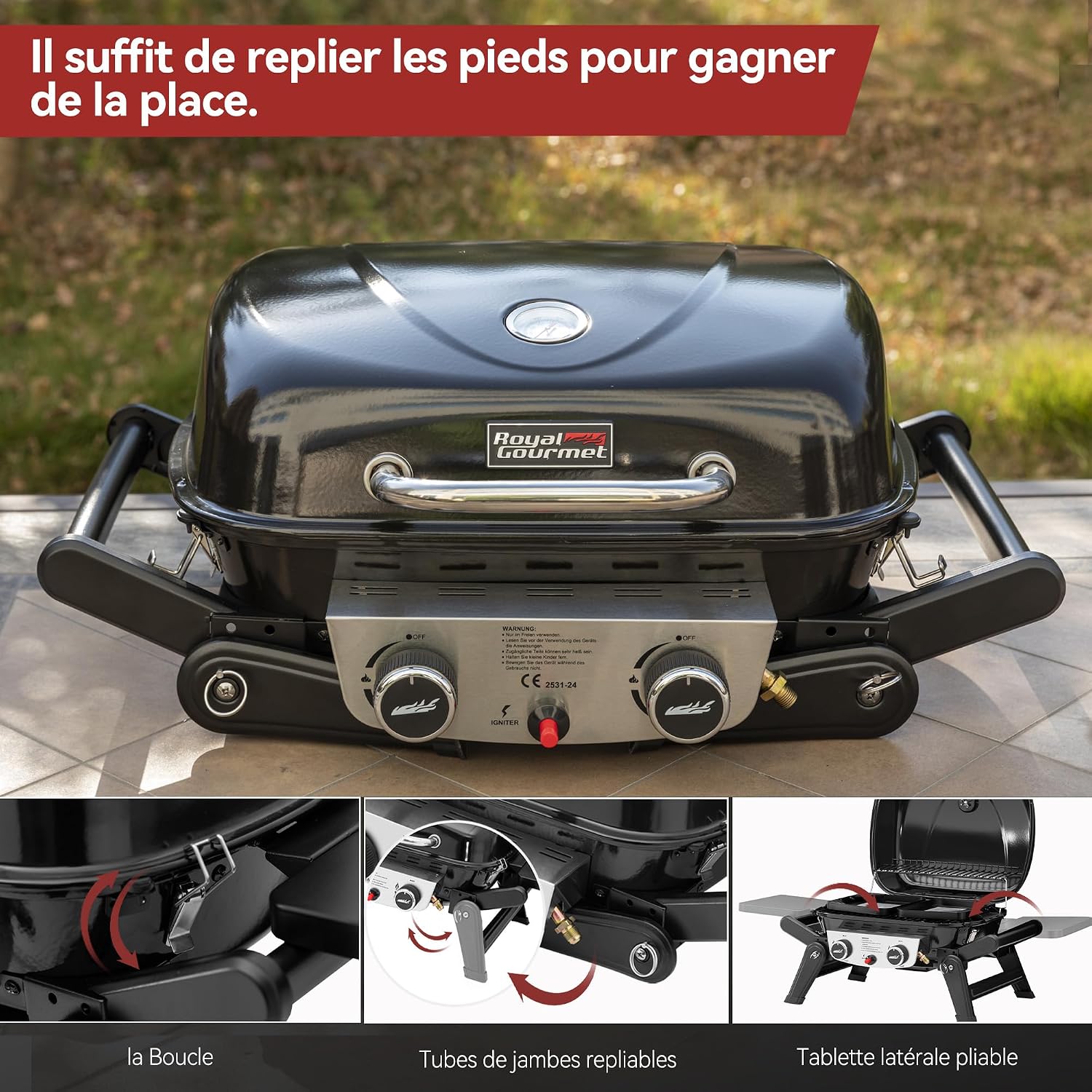 Close-up view of the Royal Gourmet GT2005-F portable gas barbecue showing the folding legs and side tables in various stages of deployment.