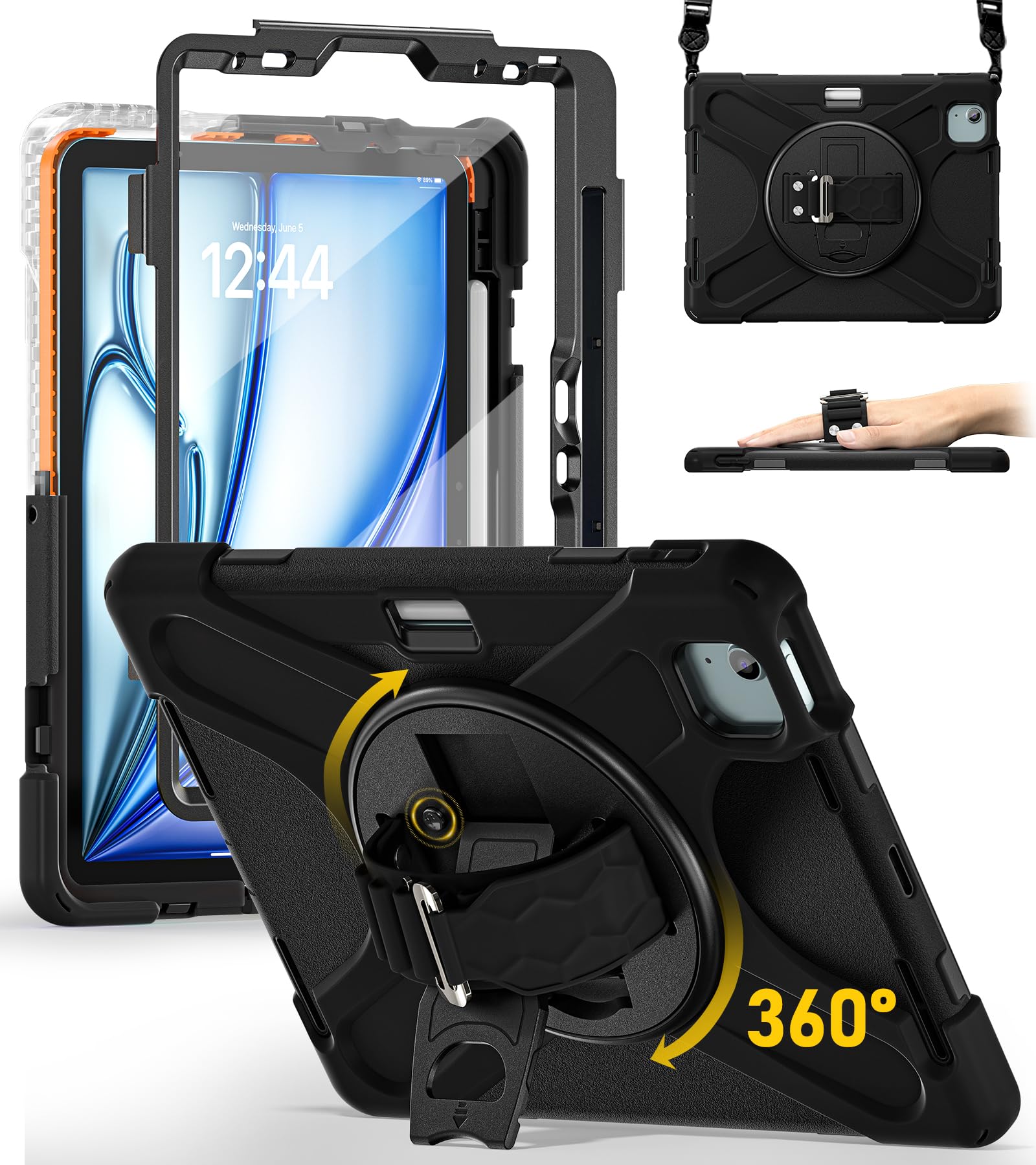 braecn for ipad air 11 inch case 2025(m3) 2024(m2),ipad pro 11 inch(4th/3rd/2nd/1st)& air 10.9"(5th/4th) case protective with pencil holder screen protector 360°rotating stand handle full body cover