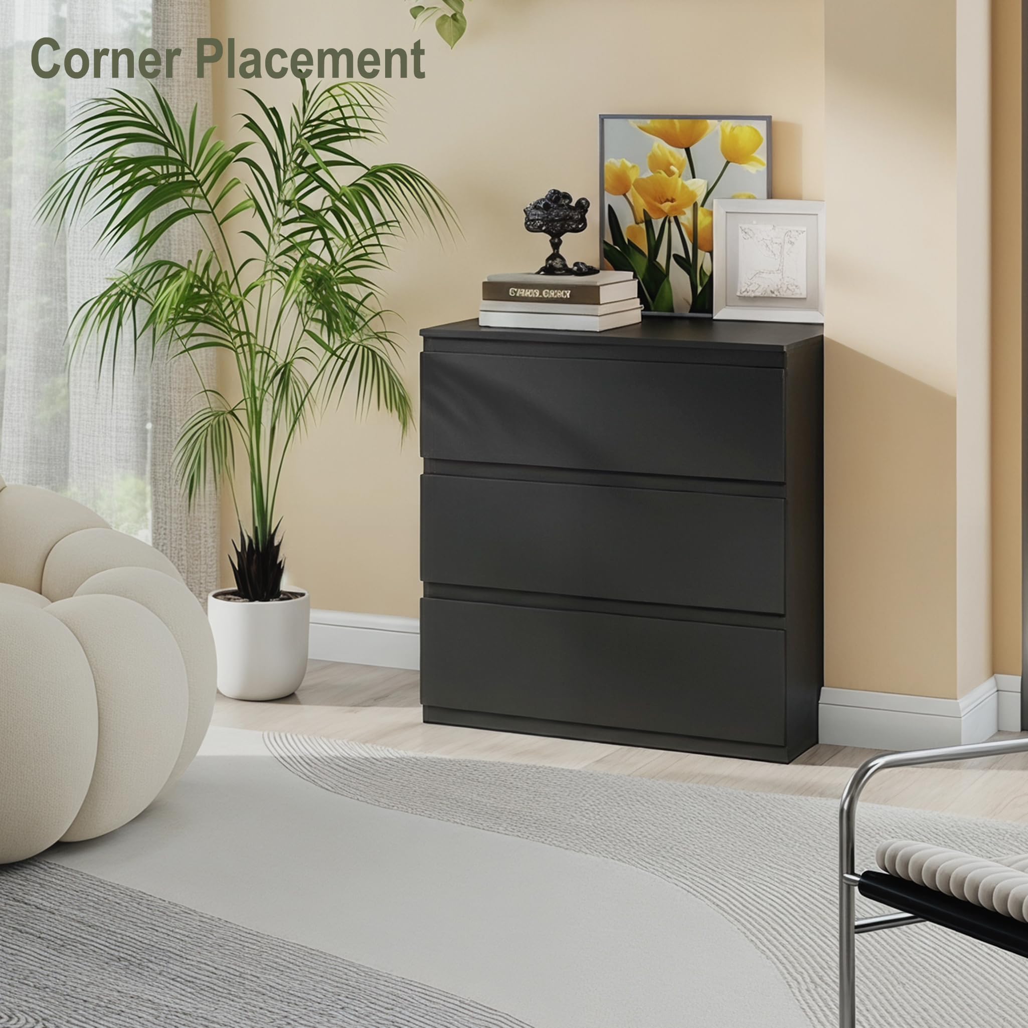 Comò 3 Cassetti Larghezza 70 cm, Mobili Camera da Letto Nero, Cassettiera, per Camera da Letto, Soggiorno, Ufficio e Ingresso, 70x40x75 cm (L x P x A)