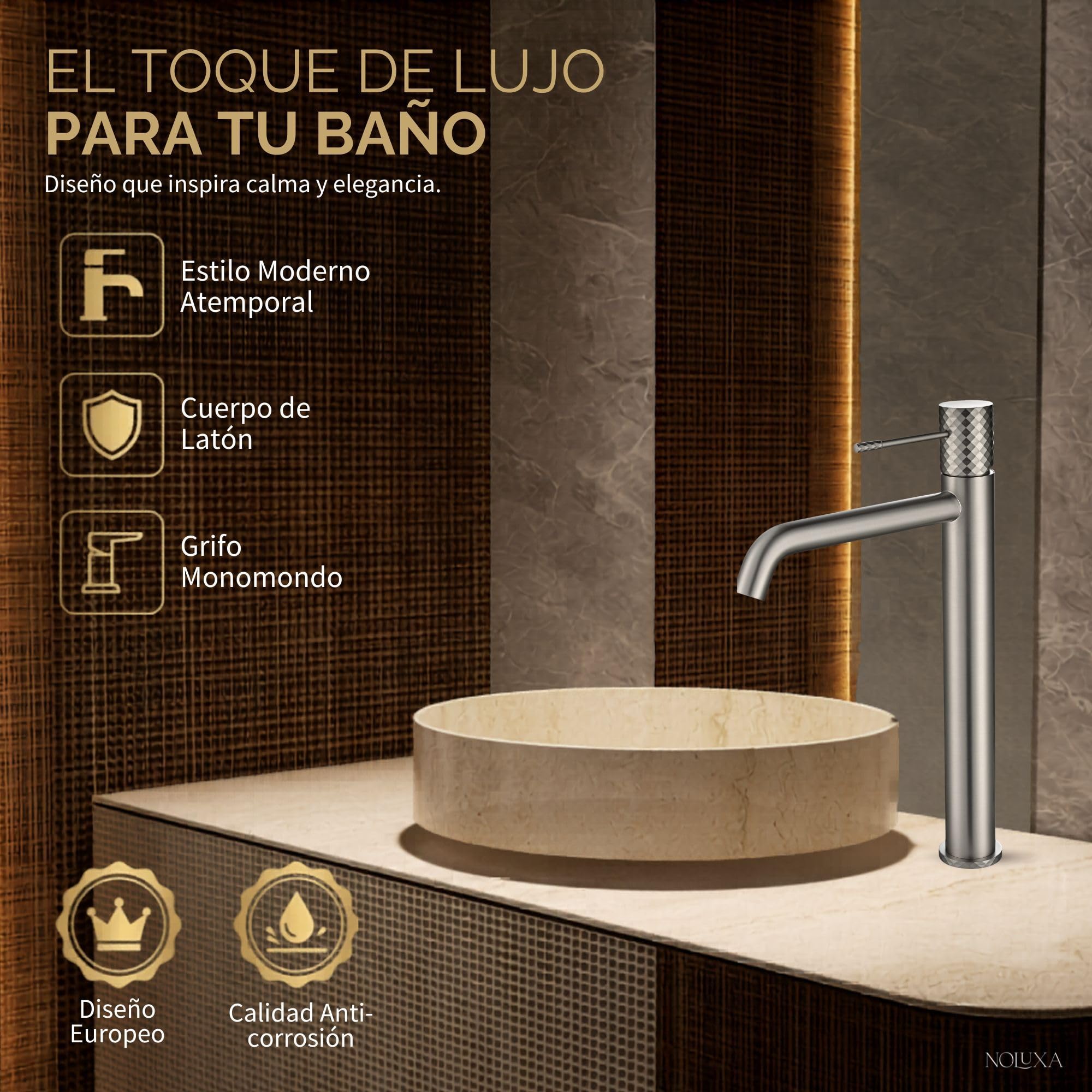 Imex - Robinet de lavabo en nickel avec bec haut | Robinet pour lavabo de salle de bain avec eau froide et chaude | Robinetterie monocommande effetus cascade avec bec en laiton | Série Gênes | Couleur