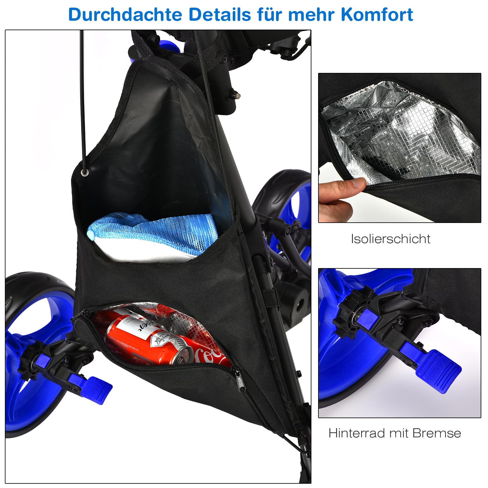 GYMAX Golfwagen klappbar, Golf Trolley mit 4 Räder & höhenverstellbare Positionen, Golftrolley mit ergonomischer Griff, verstellbarem Schirmhalter & Tasche