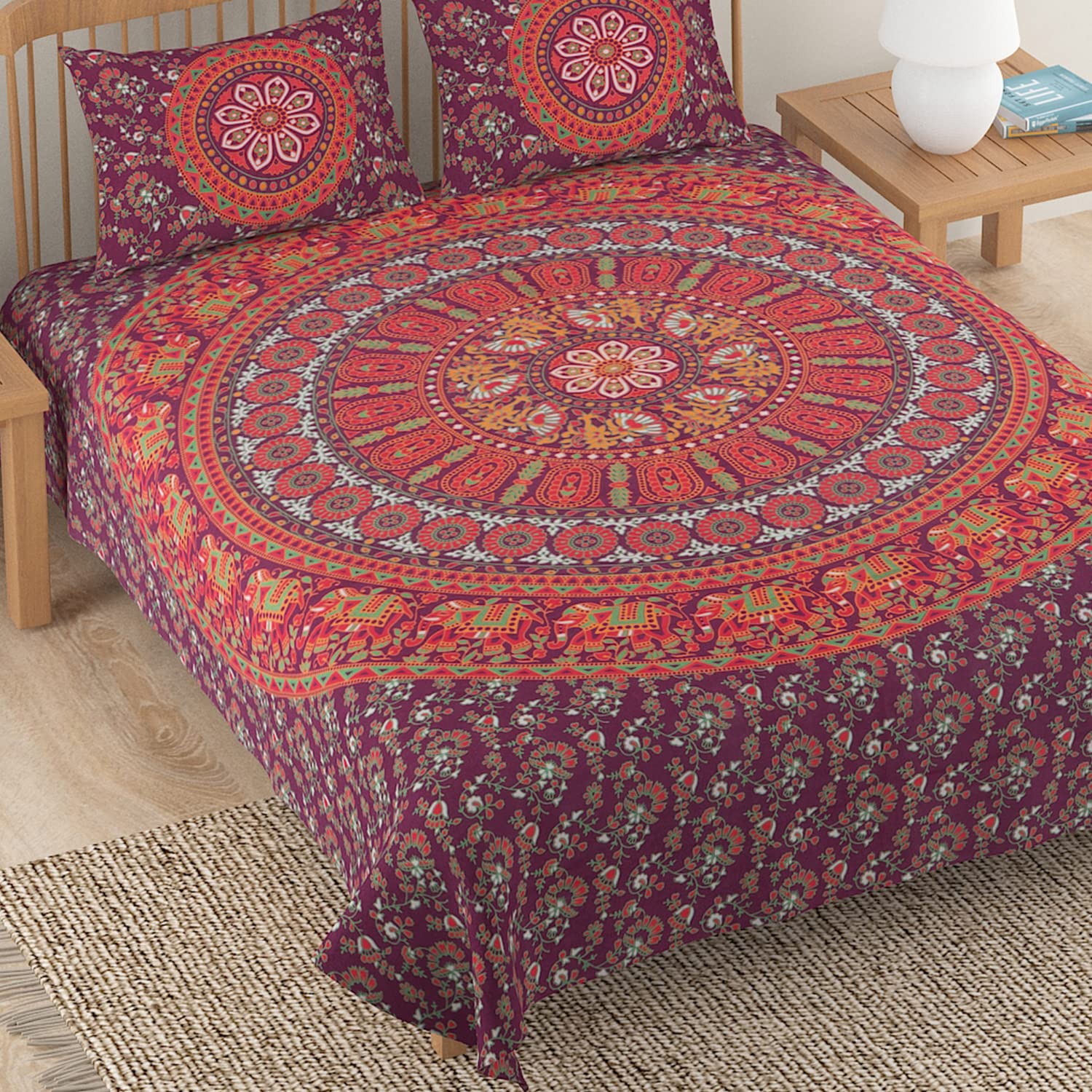 HOKIPO 100% Cotton Bedsheet for Double Bed Ethnic Rajasthani Barmeri Hand Block Printed Double Bedsheet with 2 Pillow Covers, 210 Thread Count, Mystic Range - Size 90 x 108 Inches (IN-603-D8)