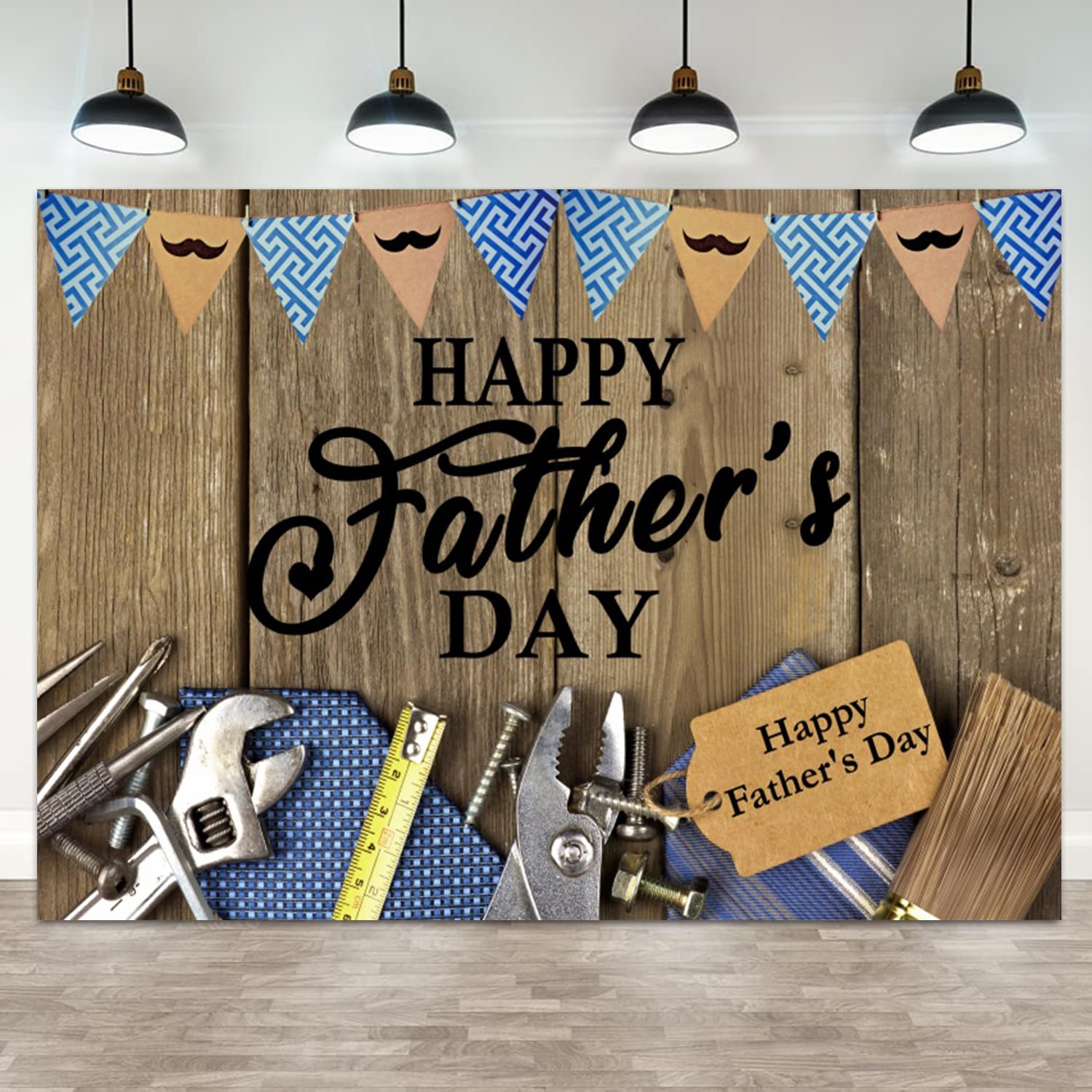 ASDCXZ 7x5ft Happy Fathers Day Backdrop Fixing Tools Ties Rustic Wood Photography Background Father's Day Family Prom Bunting Flags Banner Decorations
