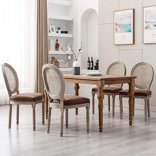 Miniatura 8 de Juego de 2 sillas de comedor de cuero estilo granja con respaldo redondo de ratán, sillas de bistró francesas para comedor, sala de estar, cocina,