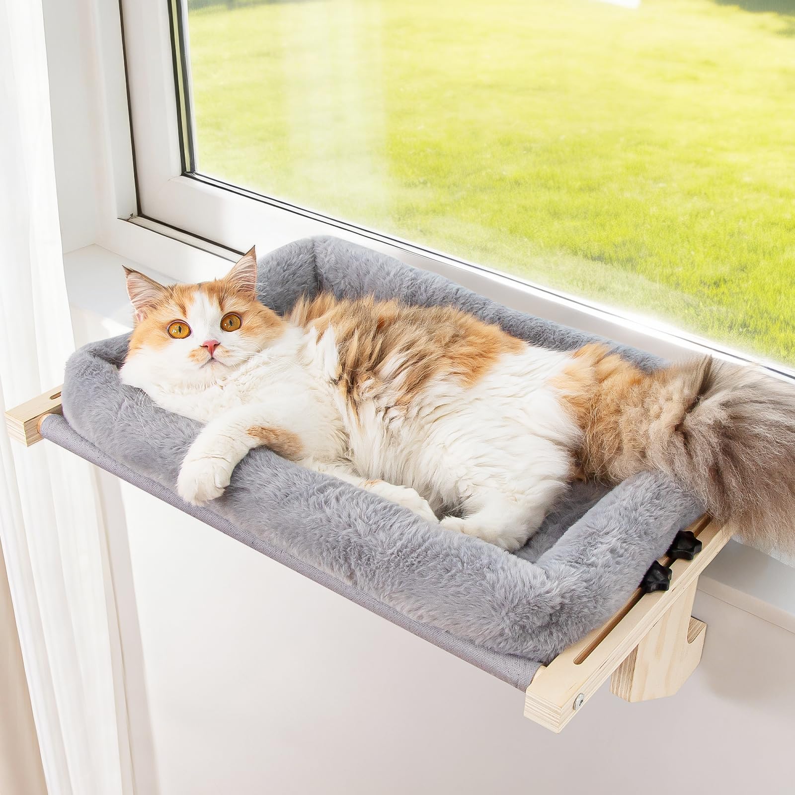 Fensterstange für Katzenschweller, Rahmen aus 100 % natürlichem Kiefernholz, weiches Kaninchenfellkissen, werkzeuglose Anpassung, unterstützt 22,7 kg (groß-grau)