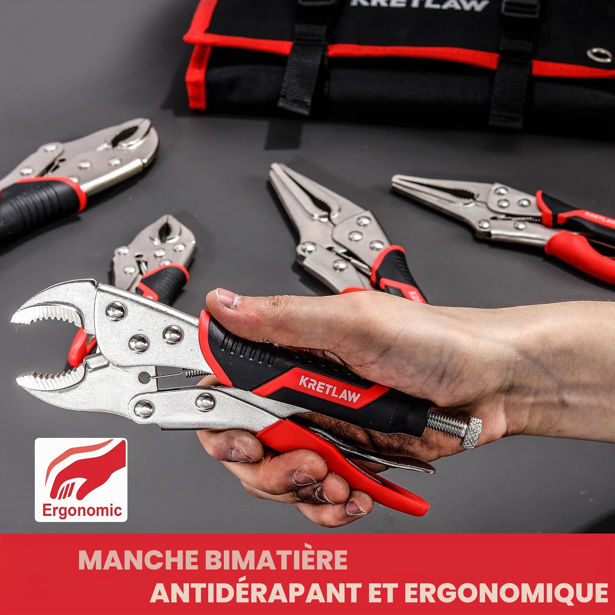KRETLAW Lot de 6 pinces étau autobloquantes - 165/240 mm - Pince étau long beck - 125/175/250 mm - Avec mâchoires incurvées - Pince en C de 150 mm avec poignée TPR - Sac à roulettes avec