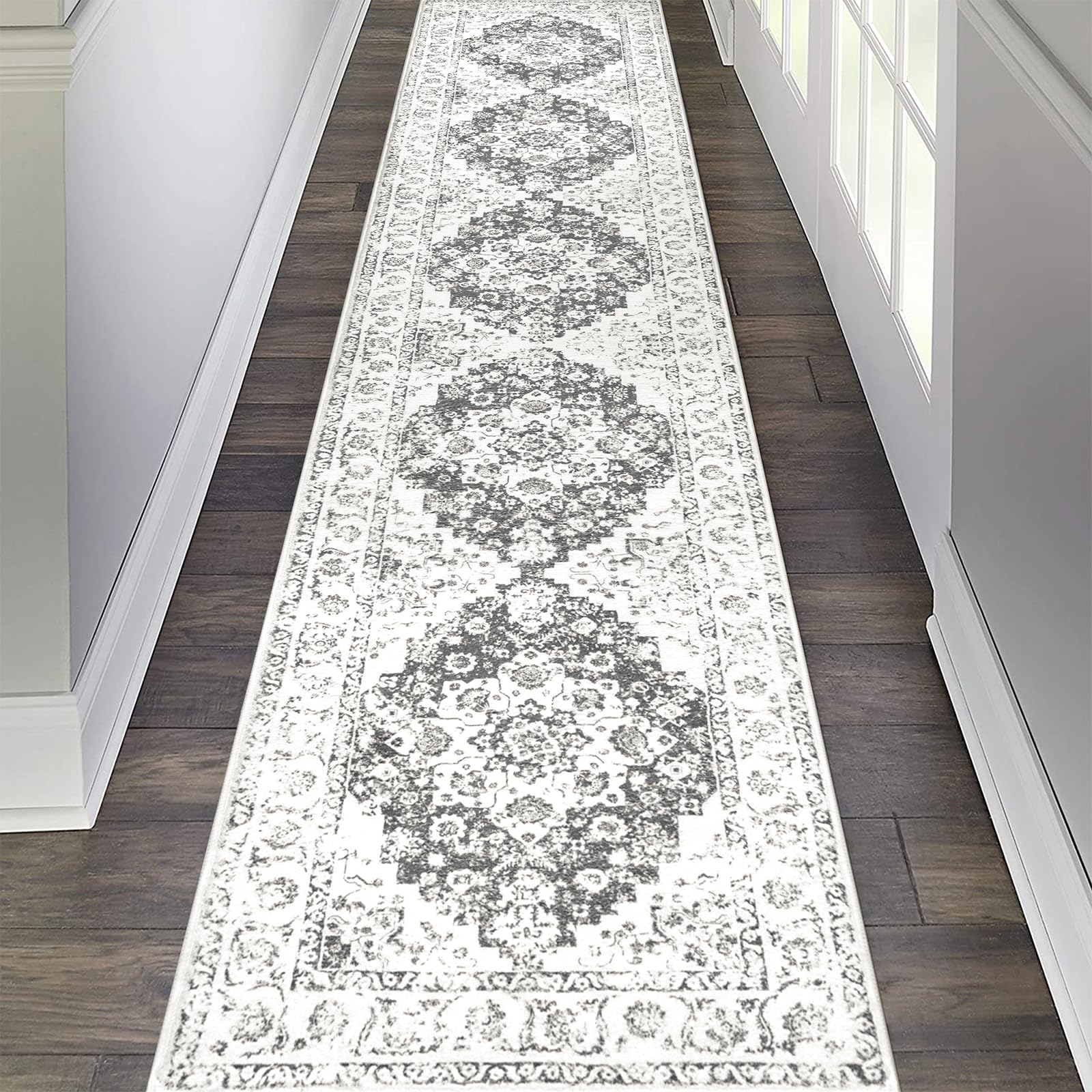 Lavendel Teppich Läufer 80x300cm - Rutschfester Waschbarer Flurteppich Mit Aquarell Blumenmuster
