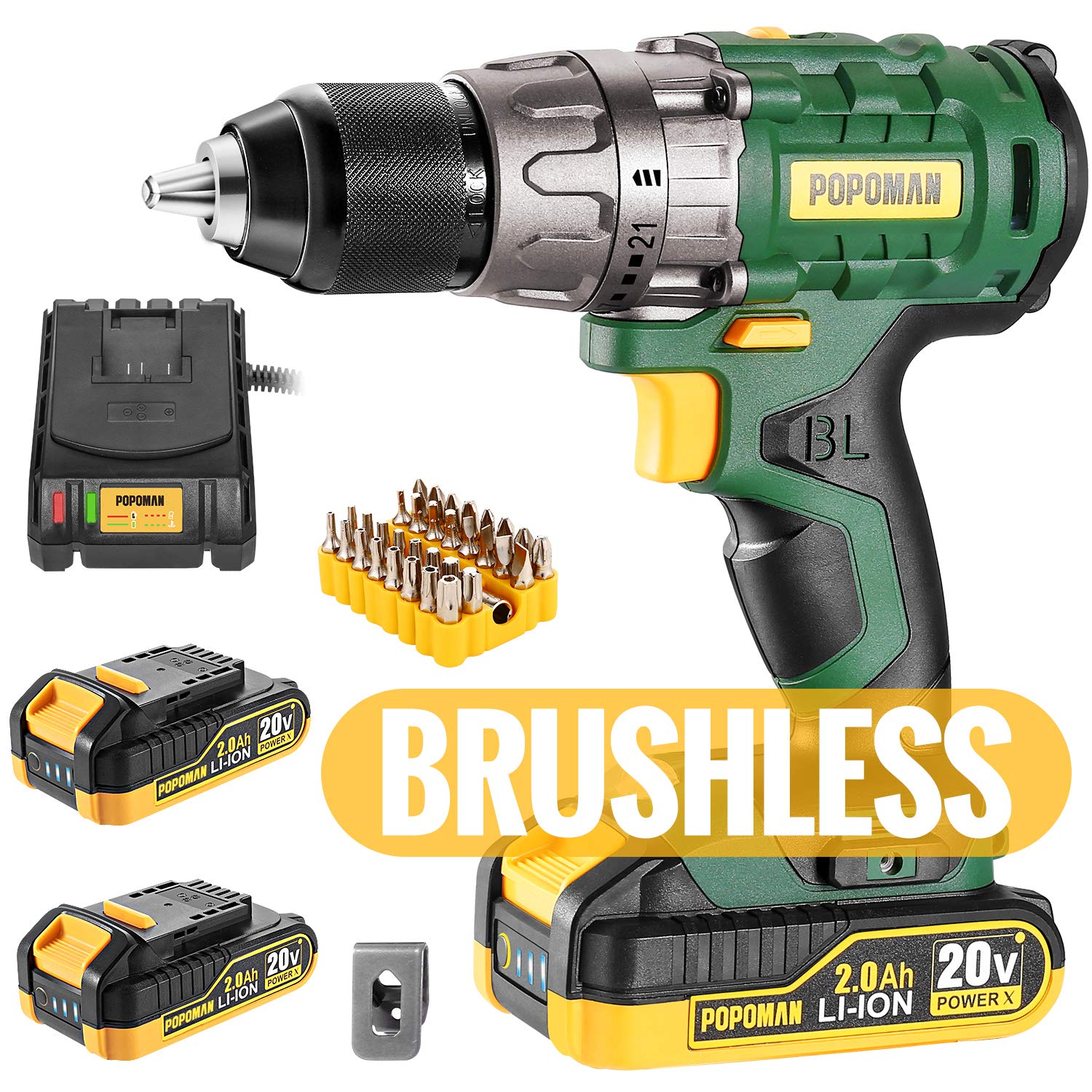 Cordless drill, Brushless 20V 1/2” Drill Driver, 2x2000mAh Batteries, 530 In-lbs Torque, 21+1 Torque Setting, Fast Charger 2.0A, 2-Variable Speed, 33pcs Accessories