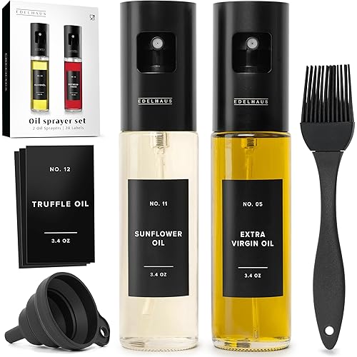 Oil Sprayer Set of 2 – Oil Spray Bottle Made of Stainless Steel & Glass, for Healthy Cooking, Sprayer for Precise Dosage, for Cooking Oil & Vinegar Including 20 Labels, Funnel