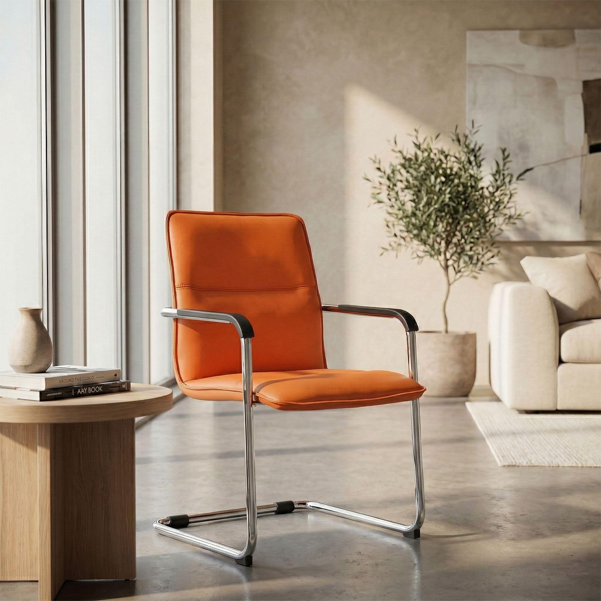 CLP Sedia a sbalzo con braccioli Seattle, sedia moderna imbottita in similpelle, struttura effetto cromo, Colore:arancione