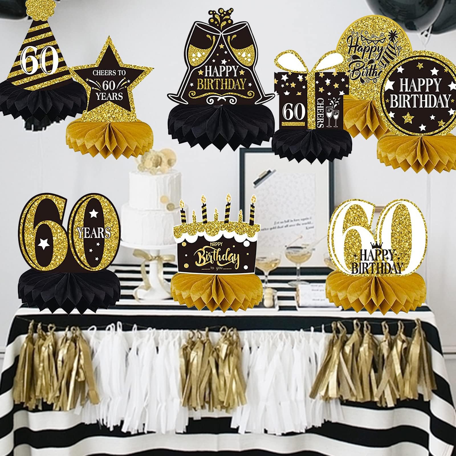 60th Birthday Decorations for Men & Women - Black Gold Diamond Jubilee Decor, 9PCS Honeycomb Centrepieces, Sixty Years Old Birthday Party Table Supplies (60th Birthday)