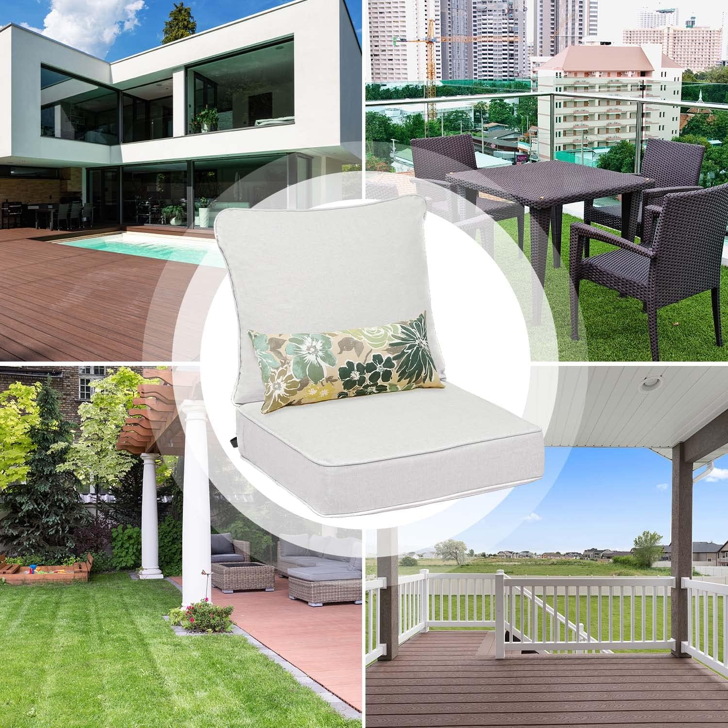 Linen Silver Olefin Outdoor Deep Seat Chair Cushion Set with Lumbar Pillows