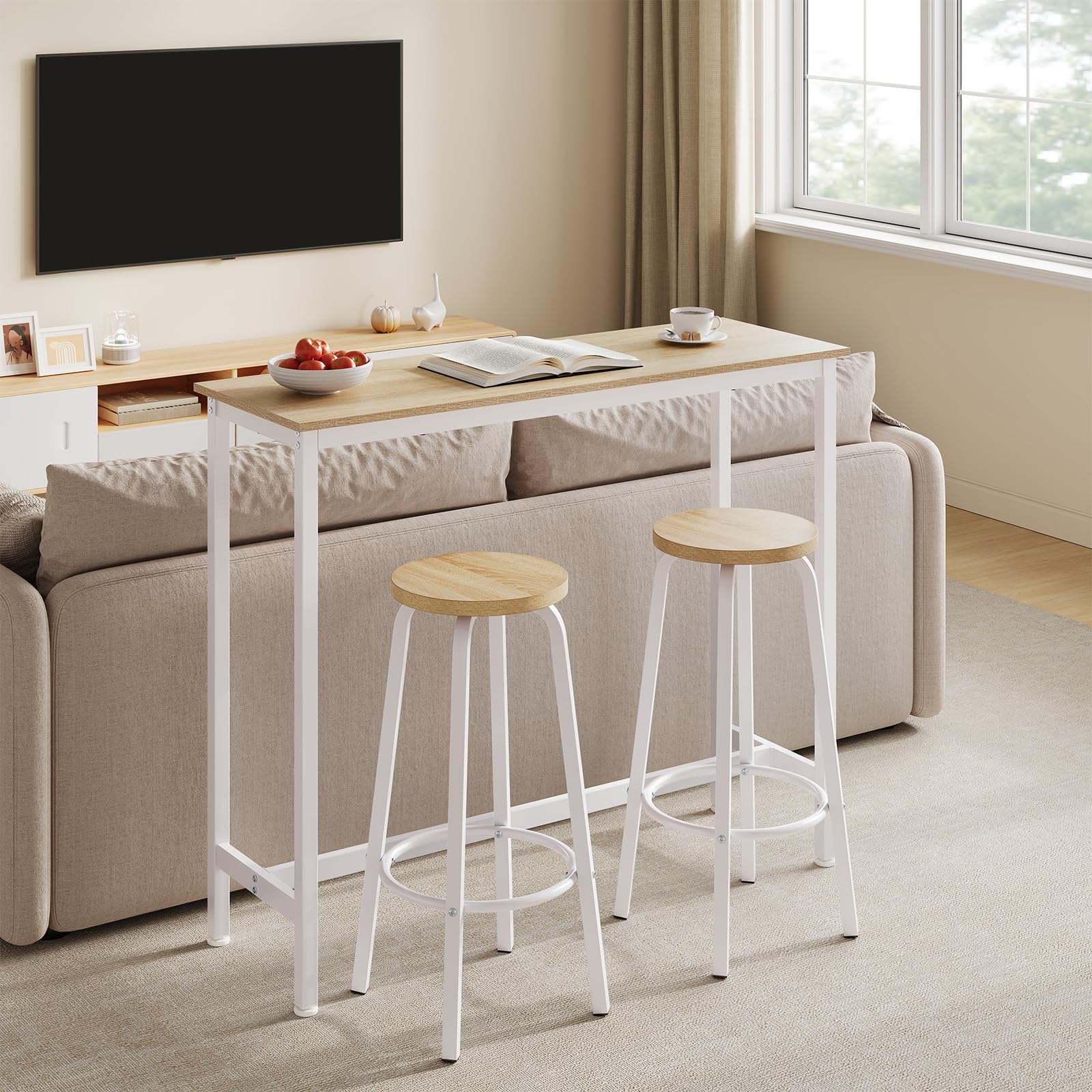 WOLTU Set Mesa de Bar y 2 Taburetes, Muebles de Bistro de Comedor para Salon, Barra Cocina con Estructura de Metal, 120x40x100cm, Blanco + Roble Claro