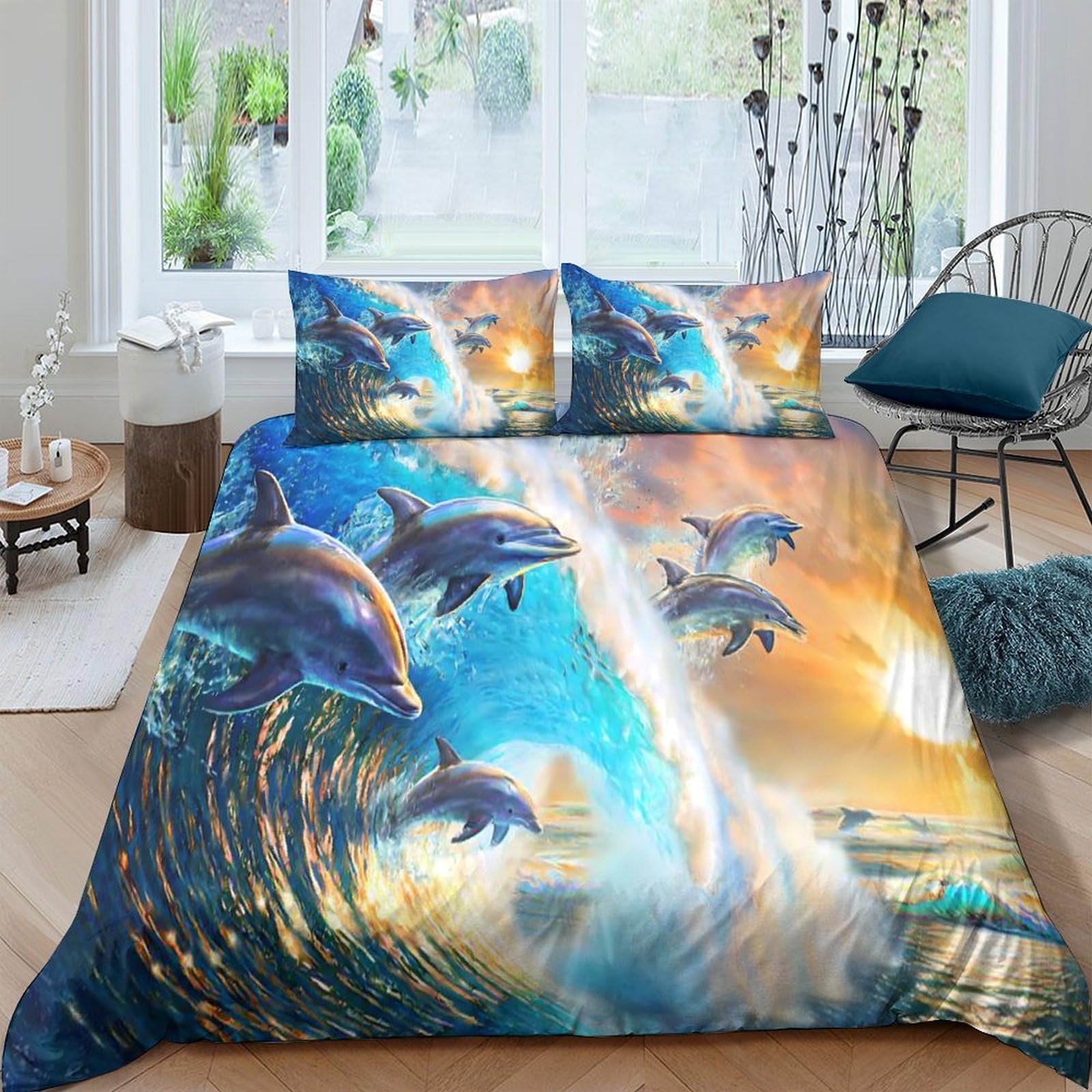 Ctjqhvkz Style-7 3D Printed Ocean Dolphin Fitted Sheet Microfiber Soft Breathable Sunset Wave Mattress Cover For Bedroom Guest Room Single（135X200cm）