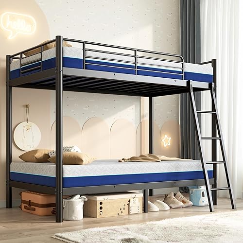 Twin Over Twin Metal Bunk Bed Set with 6" Mattresses Included, All-in-One Bunk Beds for Kids & Adults, Heavy Duty Sturdy Bunk Bed with Memory Foam Mattresses, Space Saving, Easy Assembly