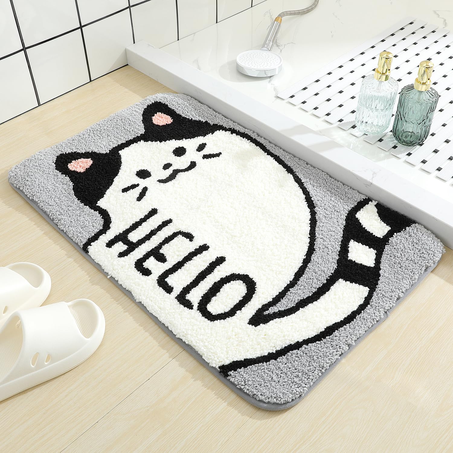 Molesun Cute Cat Bath Rug, Bathroom Mat Non-Slip Soft Shower Rug Funny Plush Microfiber Water Absorbent Shaggy Floor Mats for Kids Room, Bedroom,