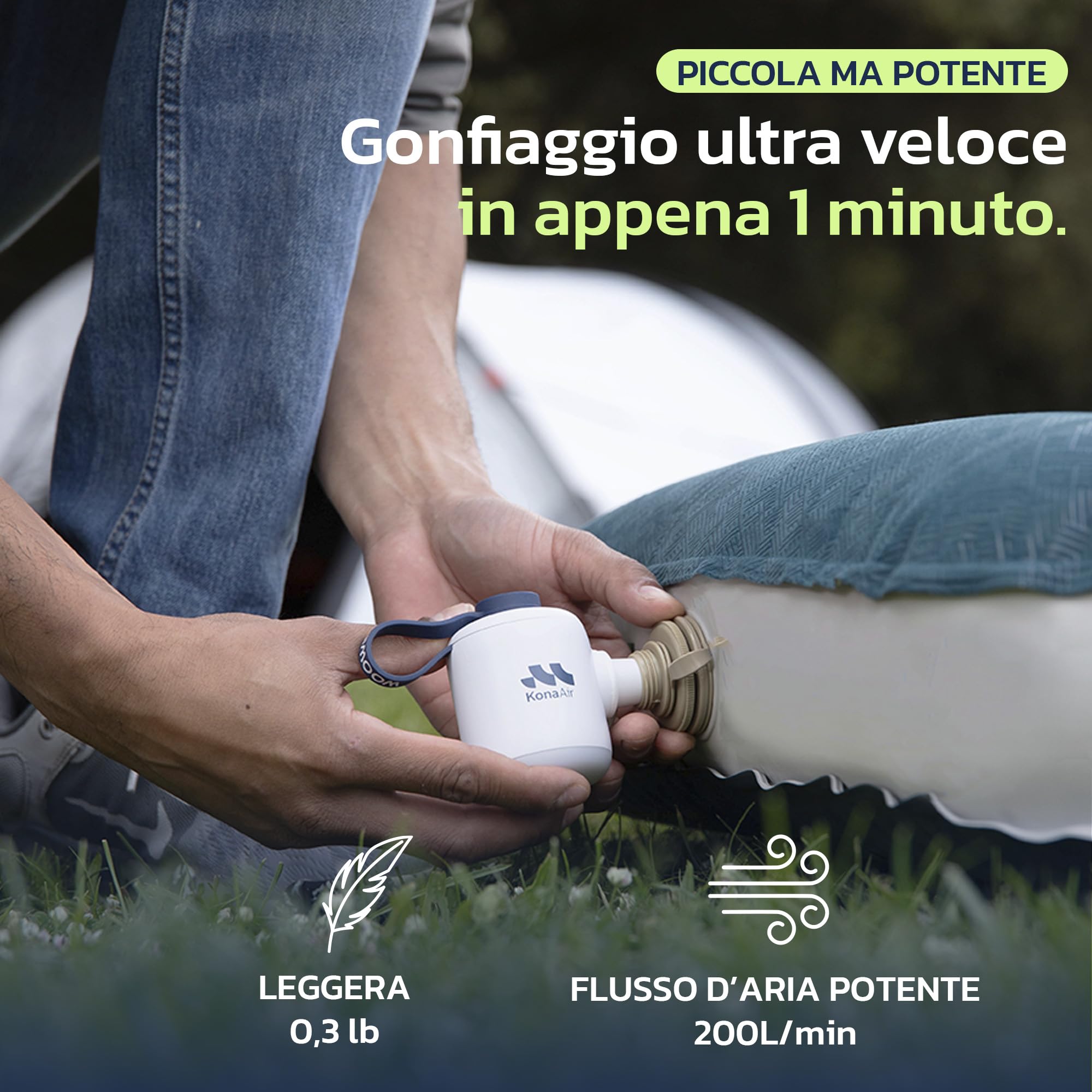 Woowind Kona Air Pompa Elettrica Per Materasso Gonfiabile, mini pompa ad aria per gonfiabili, portata 200 L/min, gonfia/sgonfia letti, galleggianti, tende, con luce LED di 10 ore