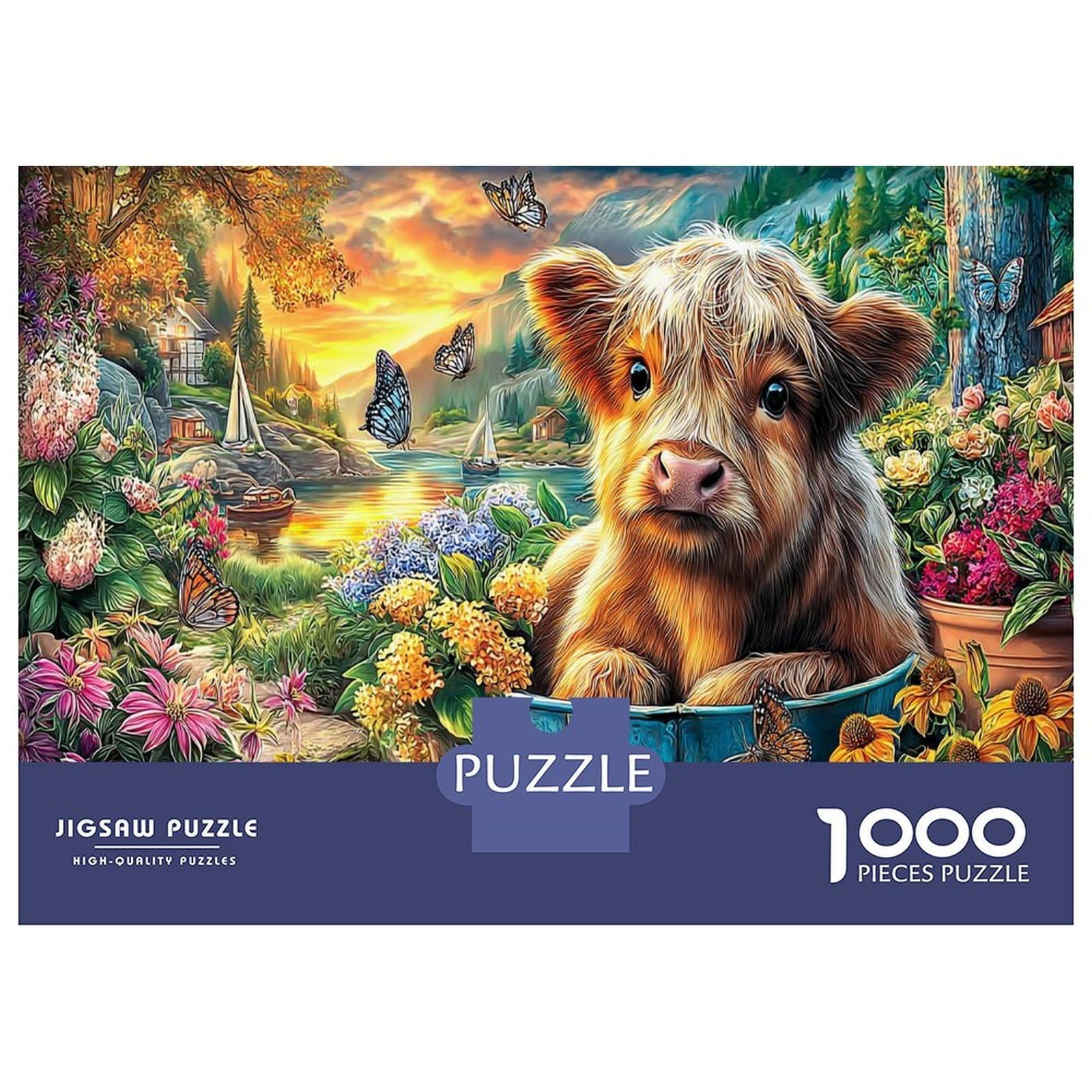 Calf in Colorful Flowers 1000 Pieces Jigsaw Puzzle Set Rural Pet Jigsaw Puzzle Premium Cardstock Senior Enthusiasts Concentration Training Housewarming Gift Indoor Leisure 52x38cm/1000pcs