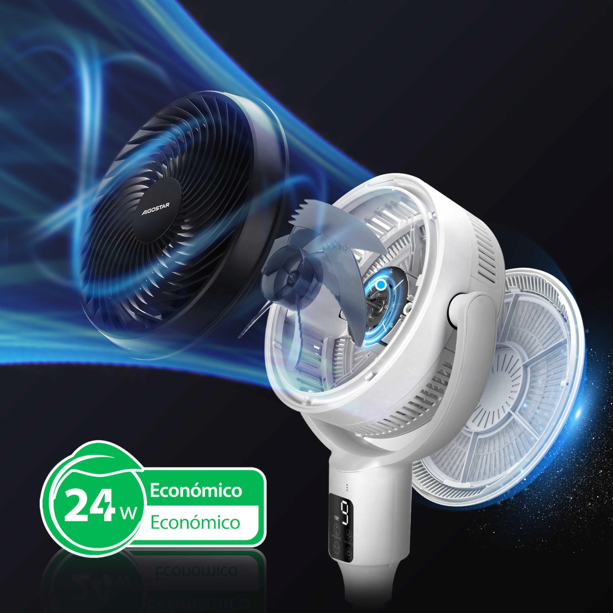 Aigostar Ventilador de Pie Silencioso 23dB con Mando, Motor DC, 24W Circulador Ventiladores Bajo Consumo, Oscilación 135°+85°, 9 Velocidades y Temporizador 9 H, Función de aromaterapia, Blanco Airflow