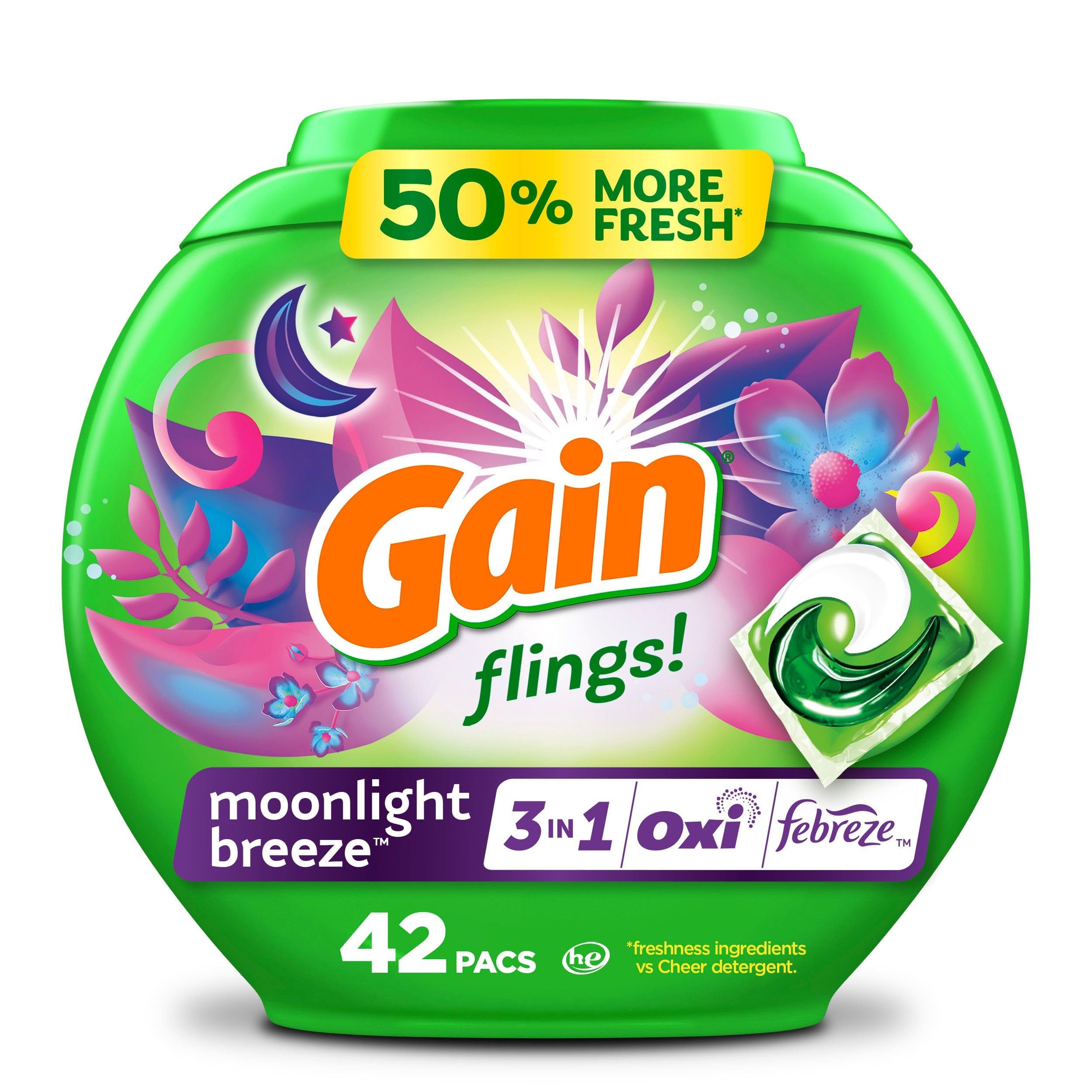Gain ( Flings Moonlight Breeze 42 Laundry Pacs) - Flings Detergent Moonlight Breeze, 42 Little Pacs Capsules