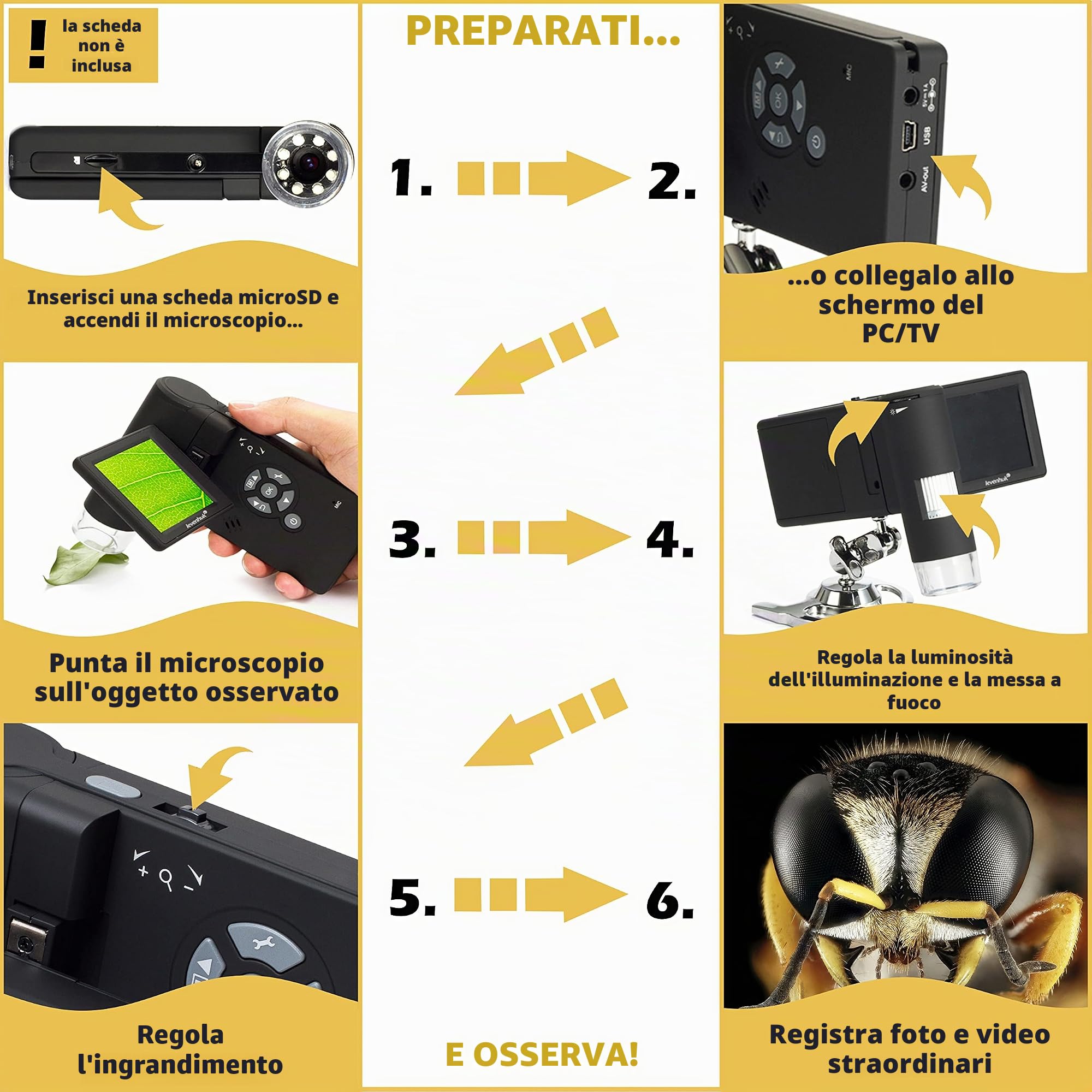 Microscopio Digitale Portatile USB Levenhuk DTX 500 (20–500x) con Schermo Lcs per L’Osservazione di Qualsiasi Superficie, Sia In Casa Che All’Aperto