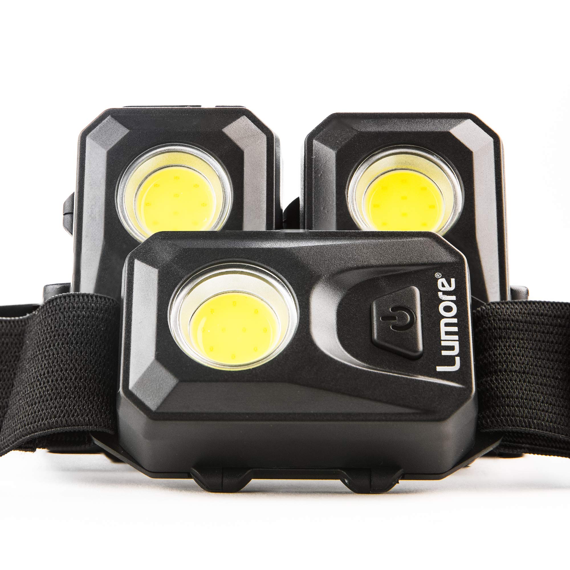 Lumore 3 Pack of 150 Lumen Headlamps with Batteries | Three Light Modes: High, Low, and Strobe| Beam Distance 30 Meters, Black, One