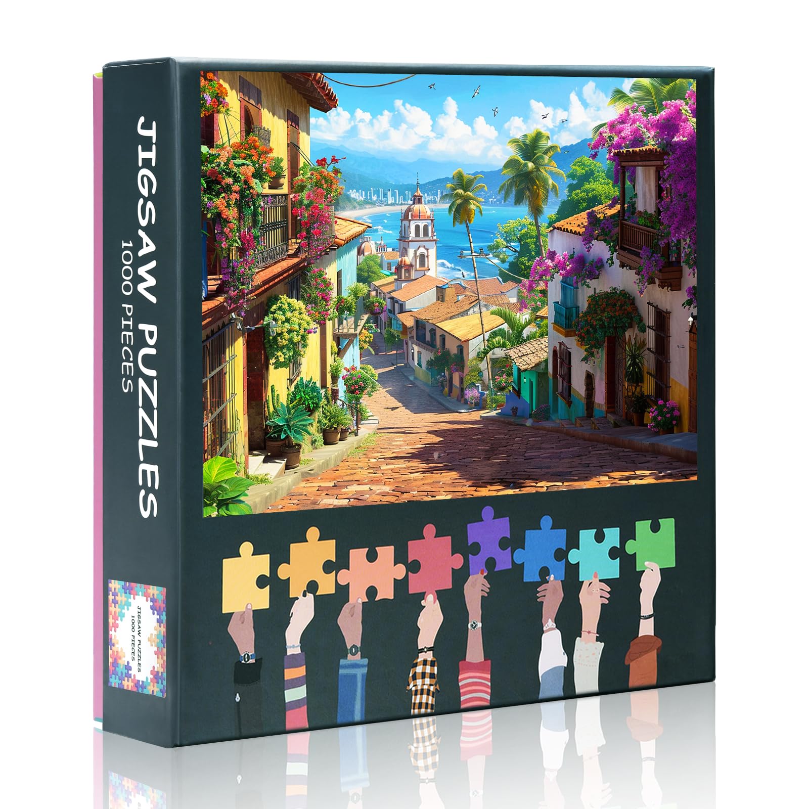 1000 Piece Latin American Village Jigsaw Puzzles - Cartoon-Style Town with Colorful Houses, Cobblestone Streets, and Mountain Backdrop - Fun Cultural Puzzle for Adults