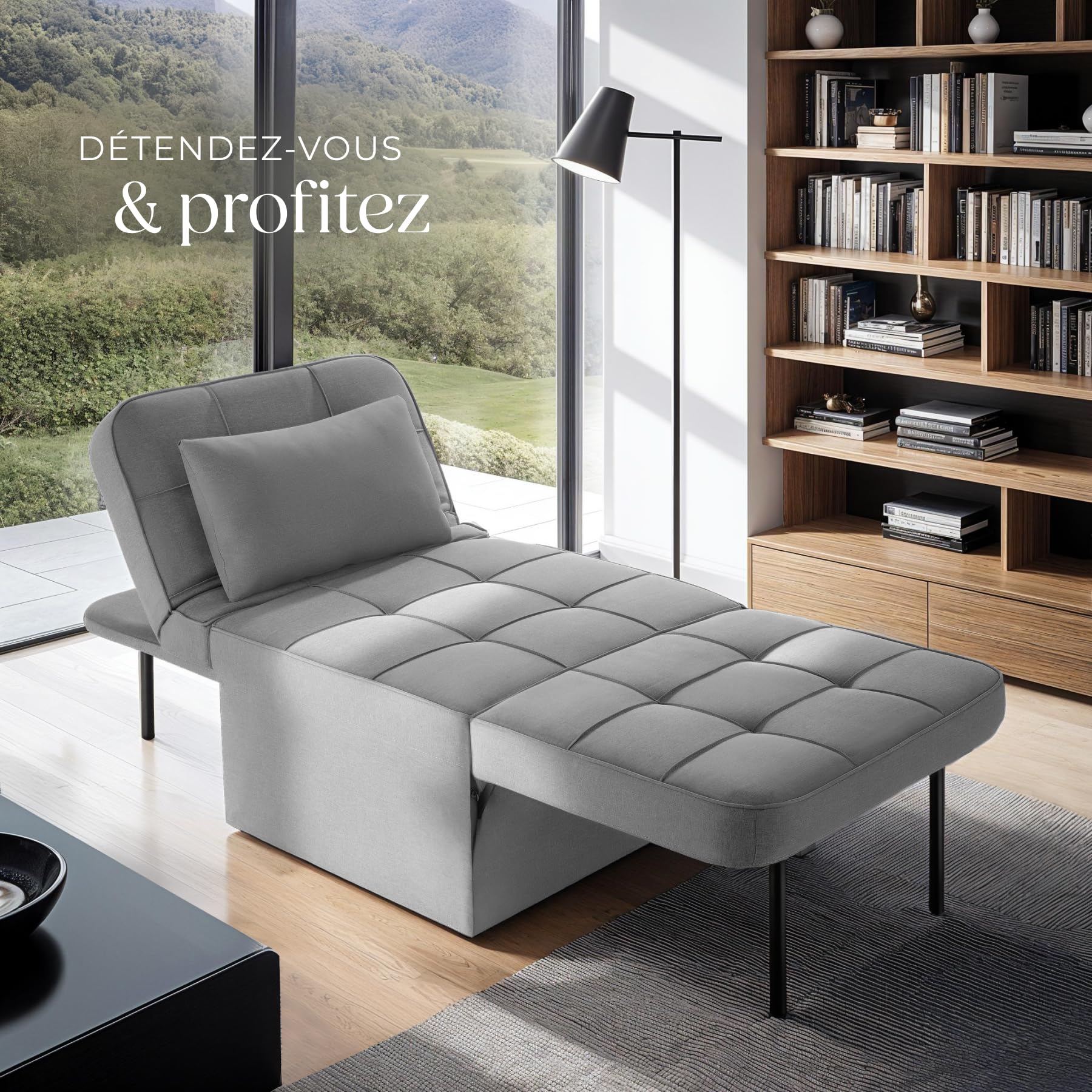 tectake® Tabouret Repose Pied Pouf Salon modulable 4en1 Chaise Longue Fauteuil Lit 1 Personne jusqu'à 150 kg Design scandinave Cosy pour Coiffeuse, Salon, Chambre, Bureau