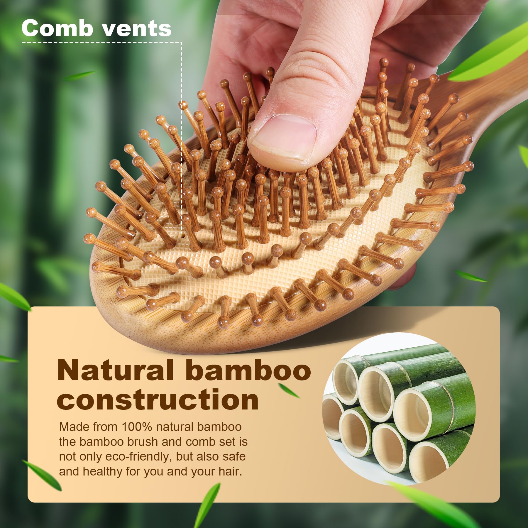 DEBETOOL Juego de cepillo y peine de bambú, cepillo de madera natural y bambú para el crecimiento del cabello con peine de cola de dientes anchos, diseño ergonómico para cabello grueso, fino, rizado,