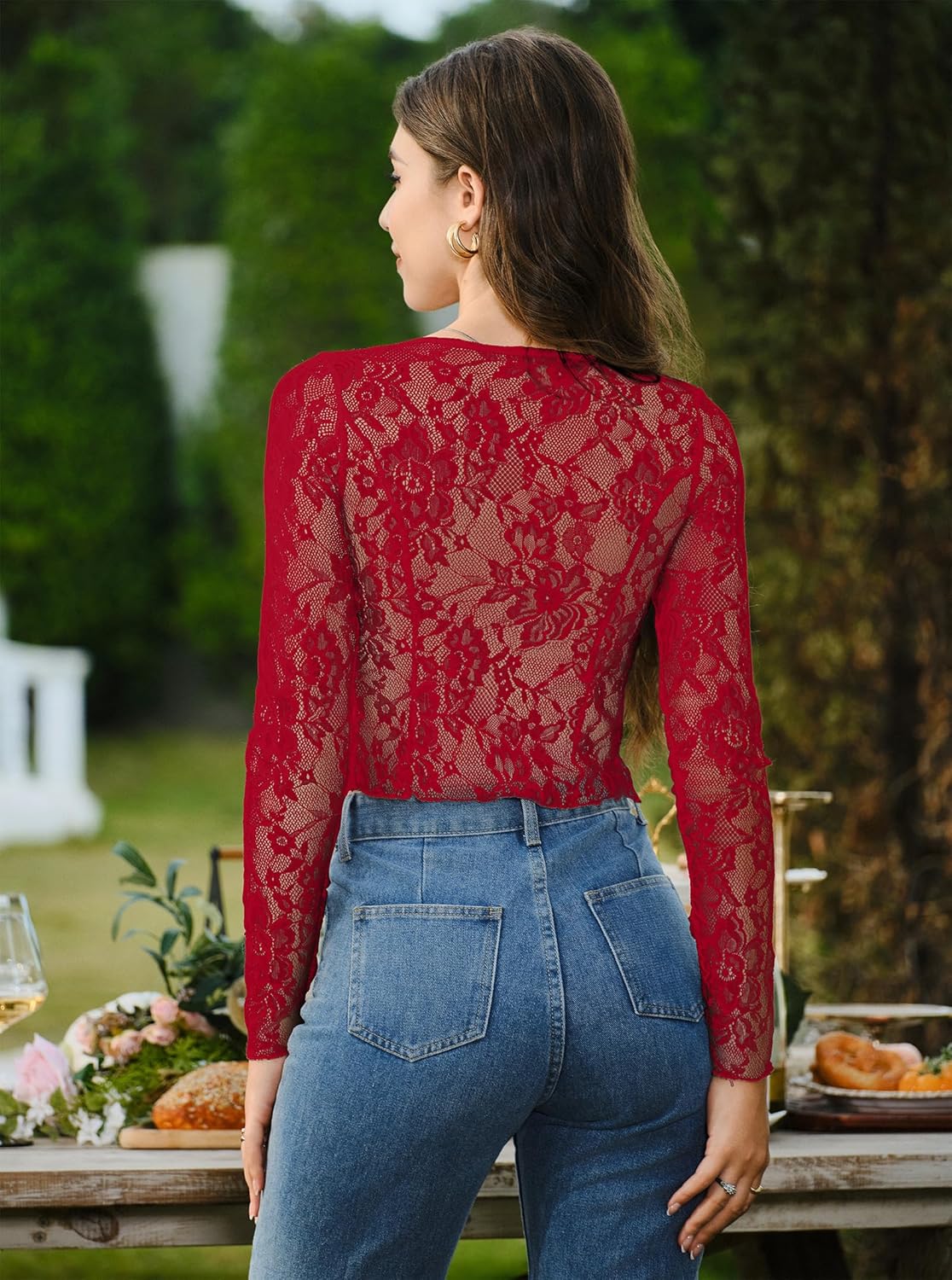 Women's Sexy Open Front Tie Long Sleeve Ruffle Trim Sheer Mesh Lace Crop Tops Blouses - Image 2