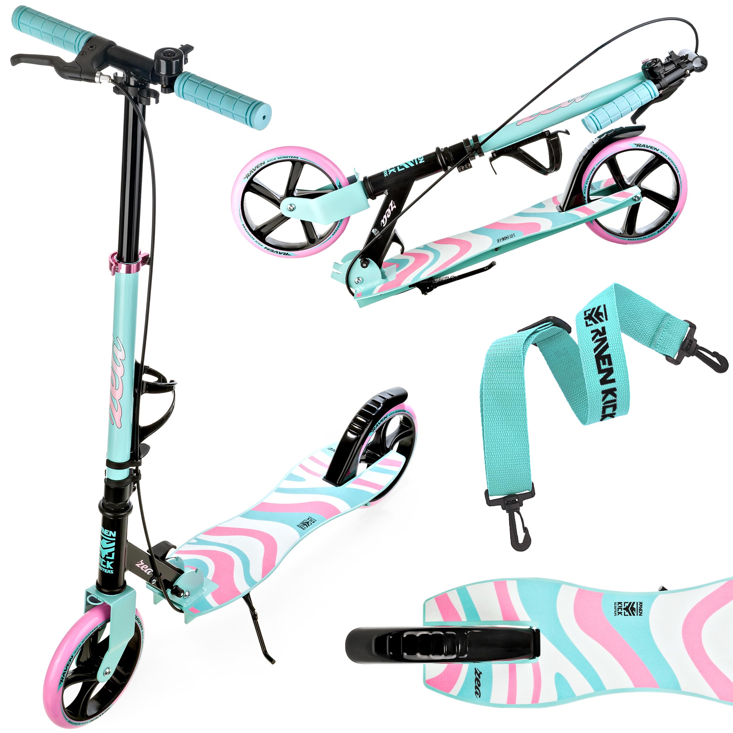 Raven - Patinete para niños y Adultos - Scooter - Patinete - Plegable, Ajustable, Correa de Transporte, Timbre, portabotellas