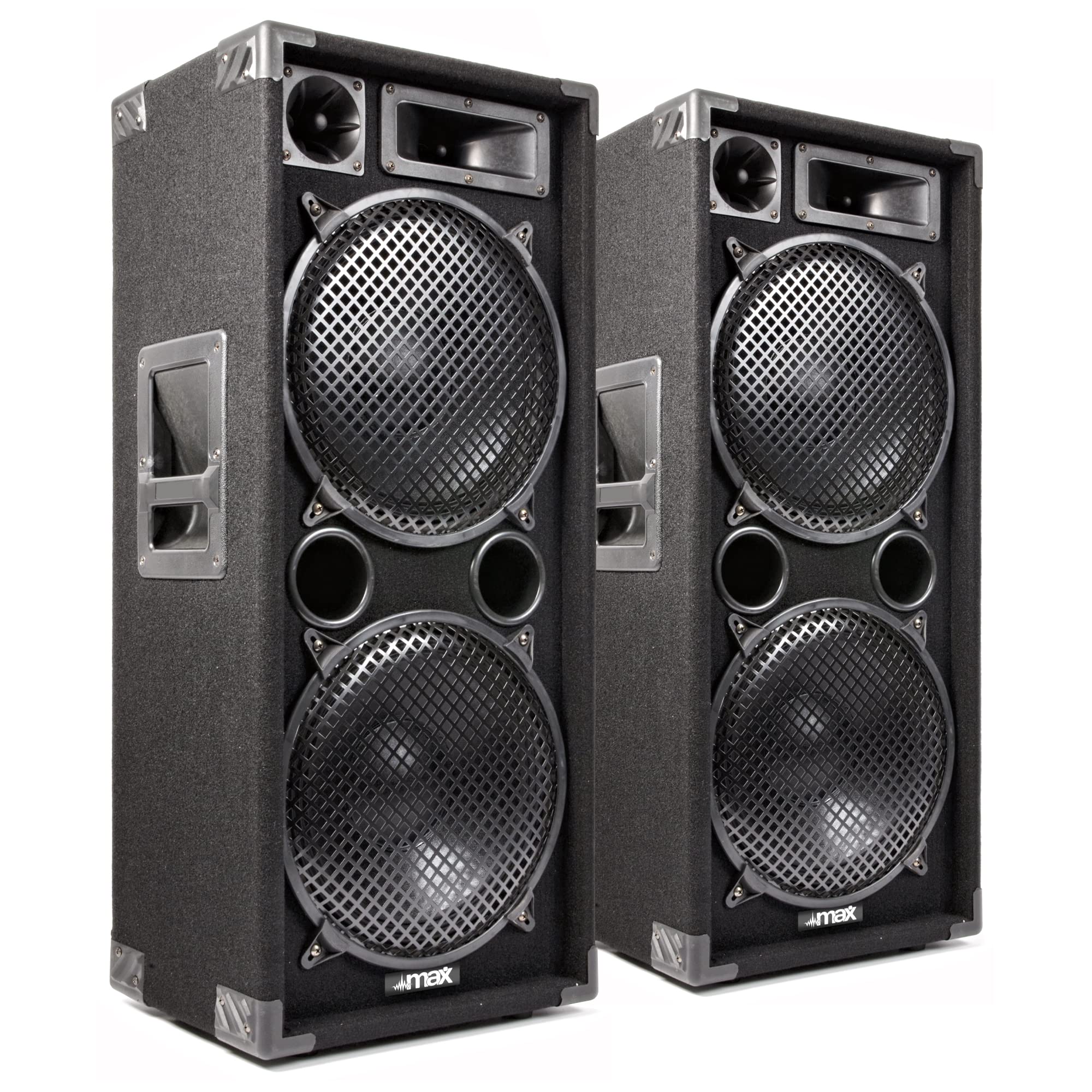 MAX MAX212 Passive PA Lautsprecher Set, 2 x 12 Zoll Doppel-Tieftöner 1400 Watt, Partybox mit Griffe, Passiv, DJ Party Lautsprecher, Lautsprecherboxen, Schwarz