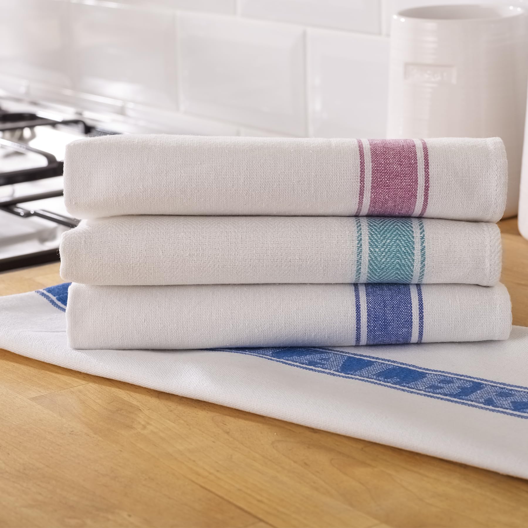 Union Linen Bulk Pack Of 100 Kitchen Glass Cloth Tea Towel Assorted Red, Blue & Green Striped, 51 x 76cm (20โ x 30โ), For Drying & Polishing, Cotton Rich, Absorbent, Catering, Professional